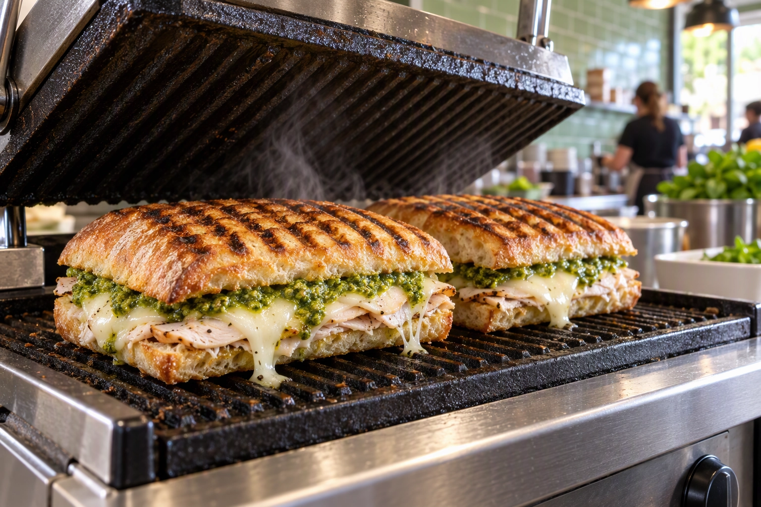 Turkey pesto panini with grill marks lifting from a panini press, a hot cafe lunch item made without a kitchen