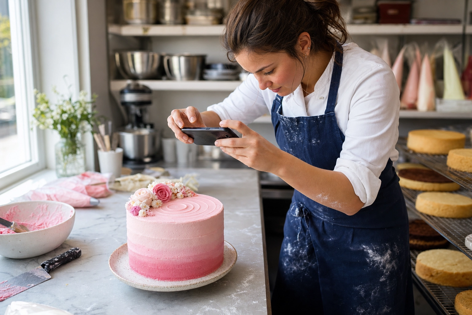 Pastry chef photographing pink ombre buttercream cake with smartphone in sunlit bakery — phone cake photography workflow