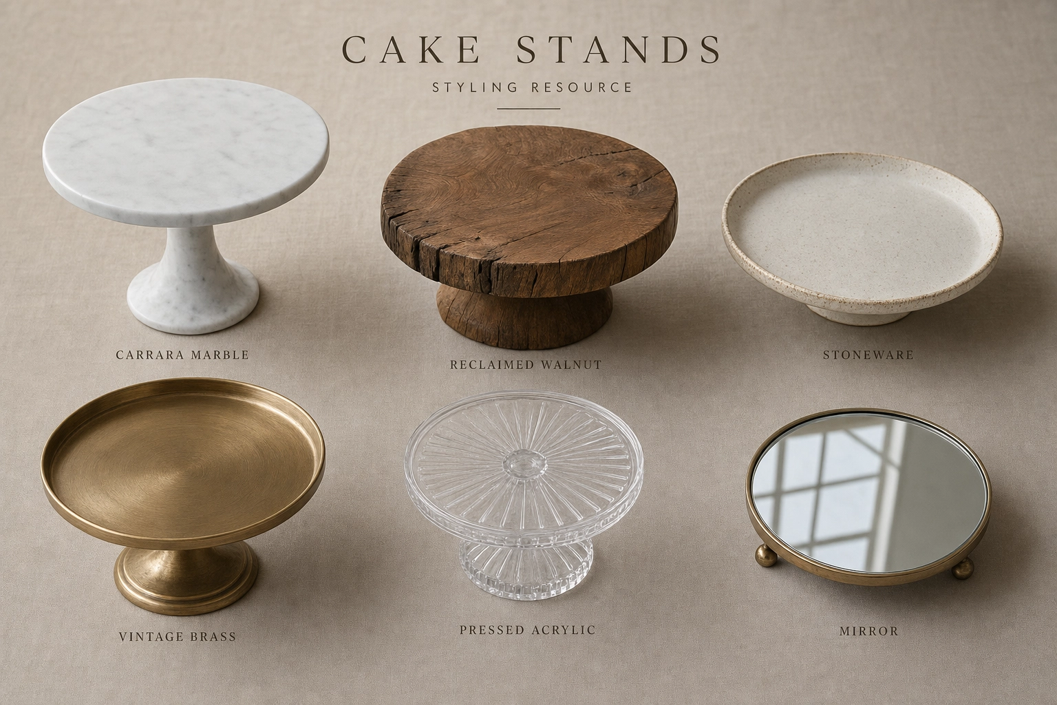 Six different cake stands arranged on linen — marble, wood, ceramic, brass, acrylic, mirror — for cake photography