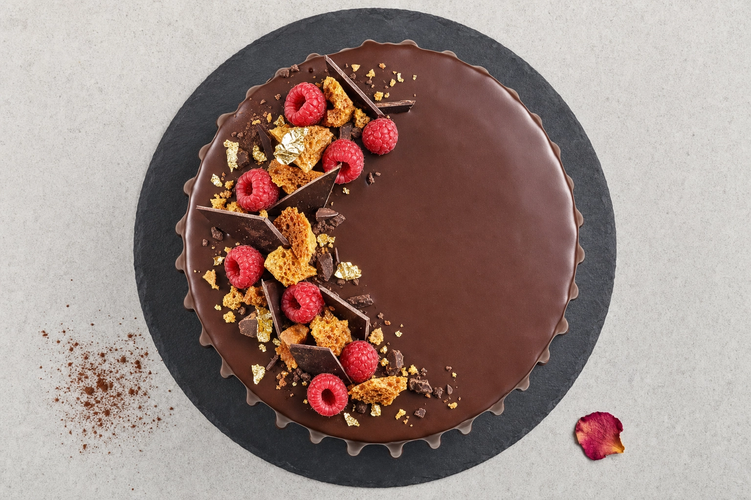 Overhead top-down view of chocolate drip cake on black slate with raspberries and gold leaf — drip cake flat-lay photography