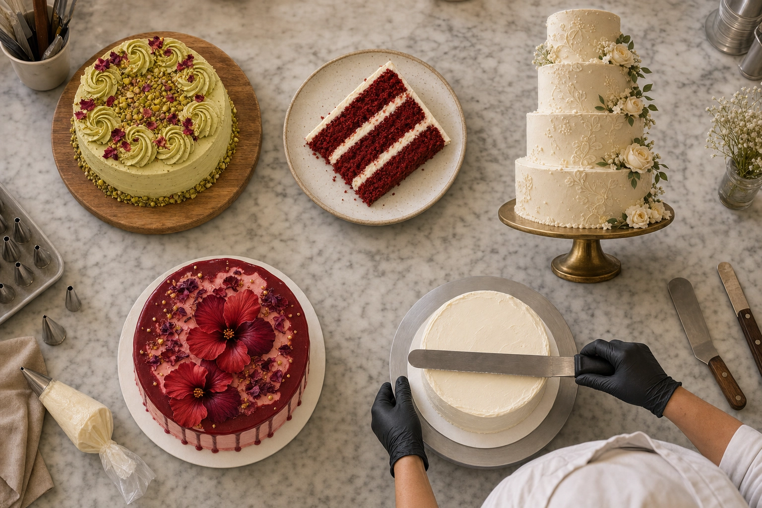 Five essential cake photography shots arranged on a bakery prep table — hero, slice, tiered, top-down, cutting