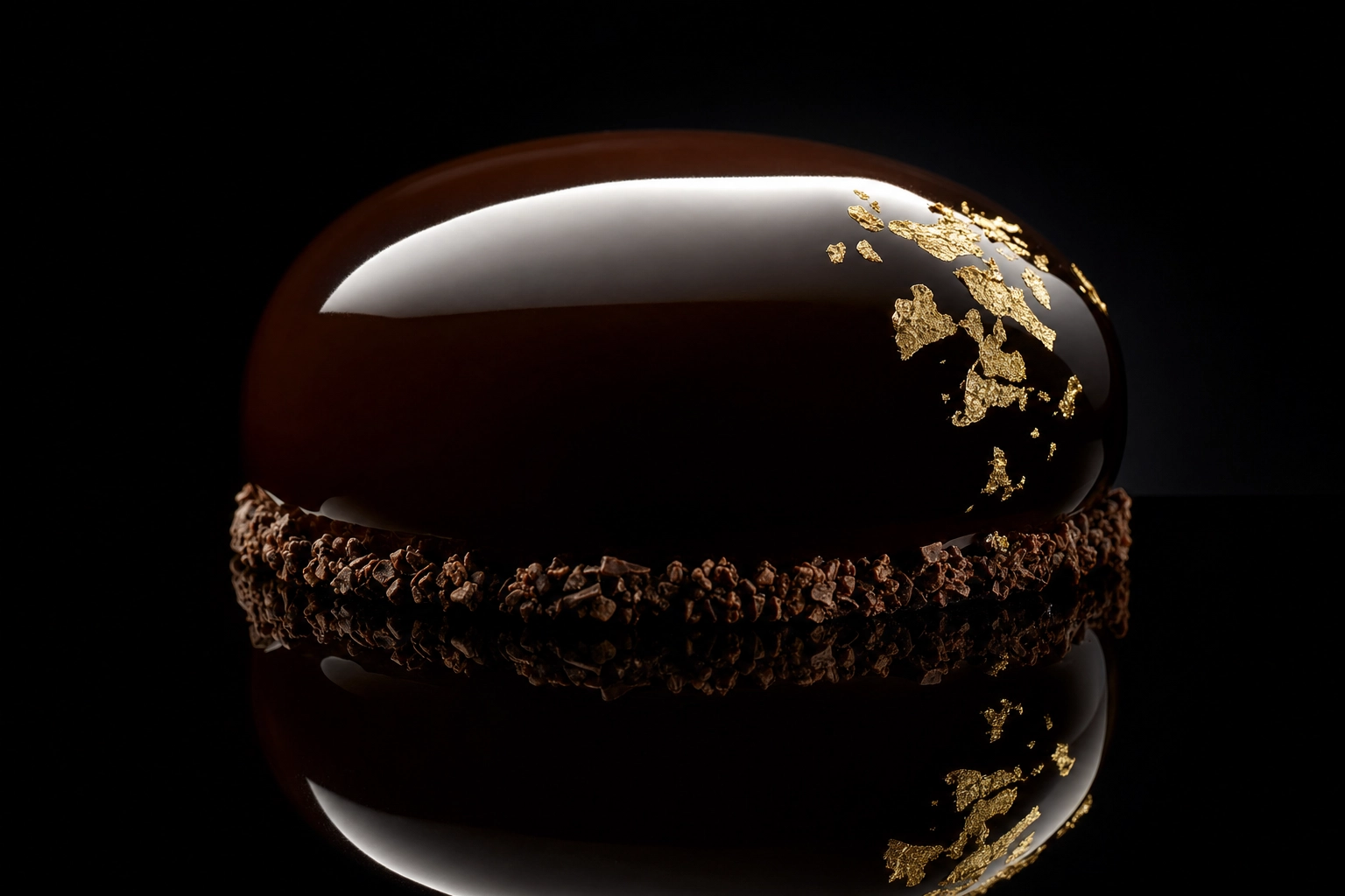 Close-up of dark chocolate mirror glaze cake with backlight specular highlight — glossy frosting photography