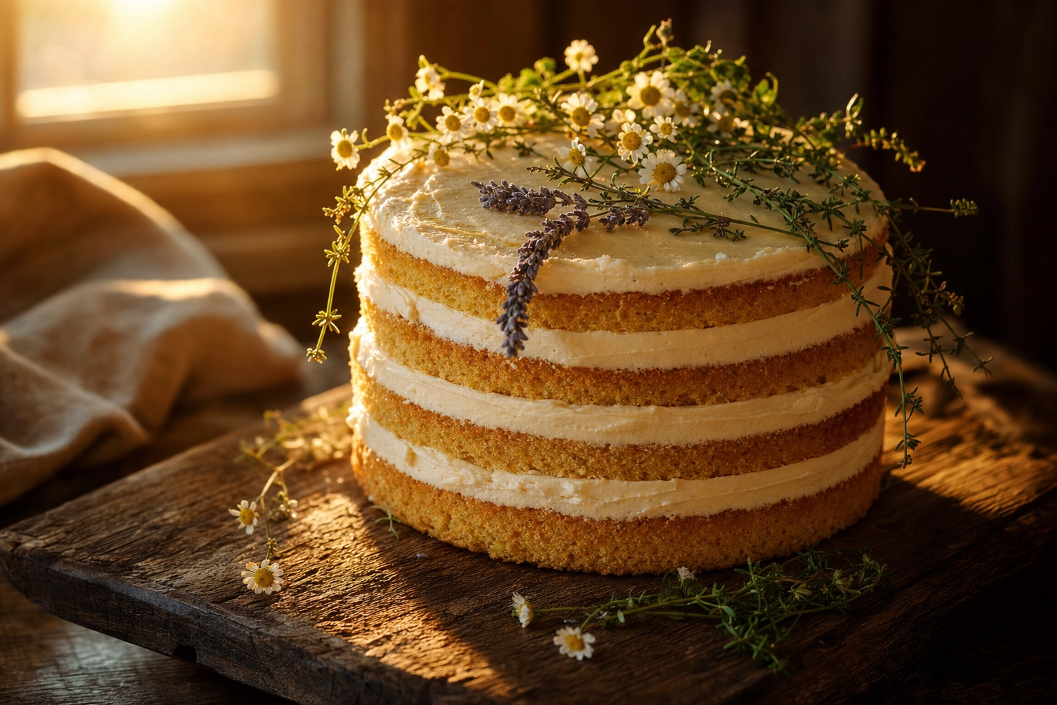 Semi-naked rustic layer cake on oak board with golden backlight and wildflowers — naked cake photography