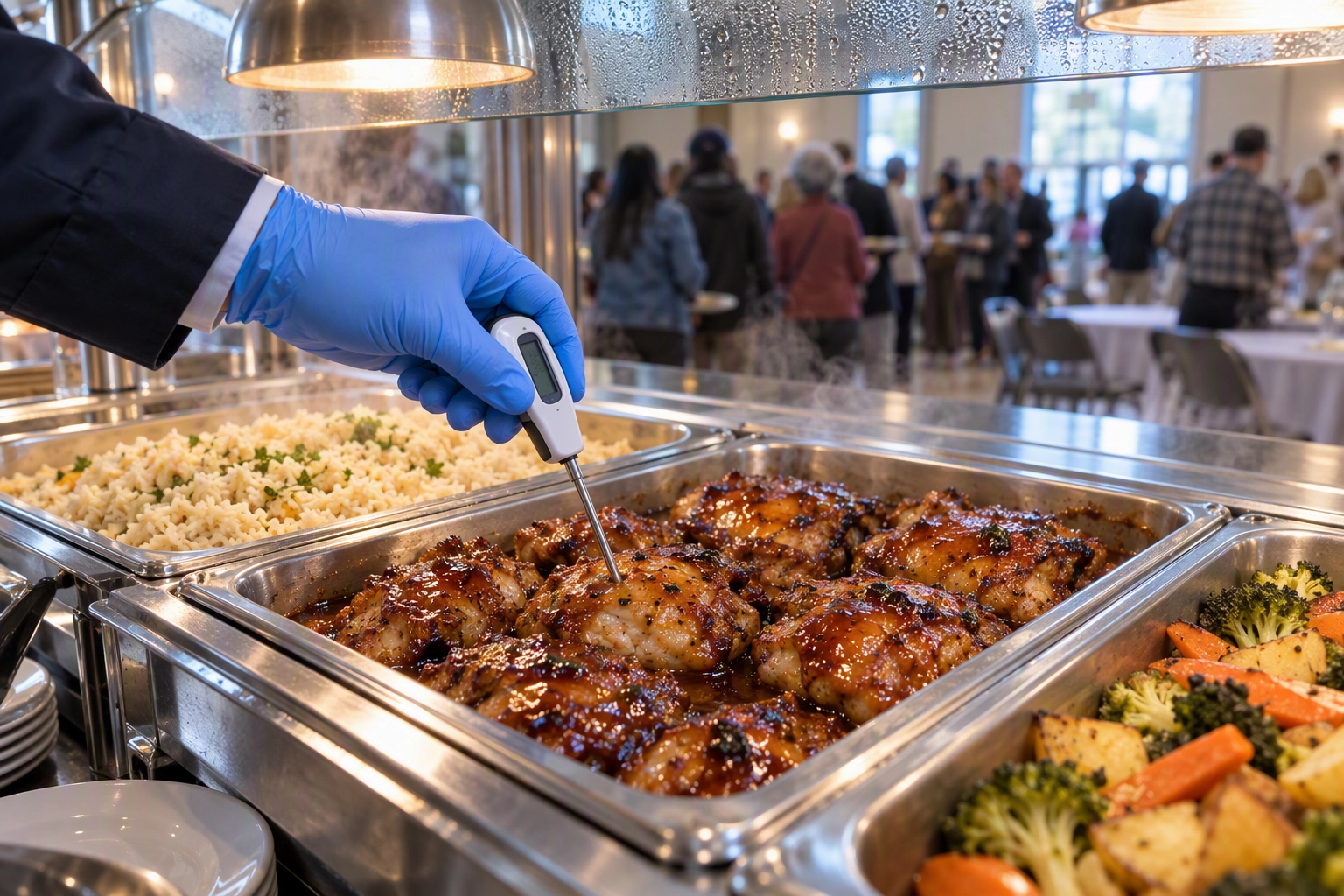 Health inspector probing chicken temperature on a catering buffet line, the permit check behind a catering licence