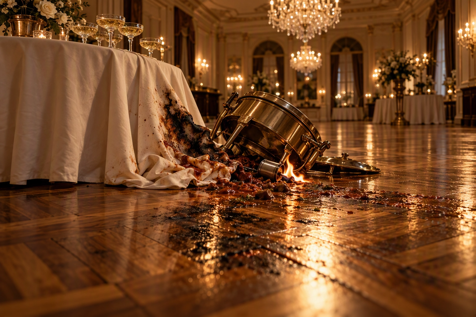 Toppled chafing dish scorching a ballroom parquet floor and linen, the venue property damage general liability pays for