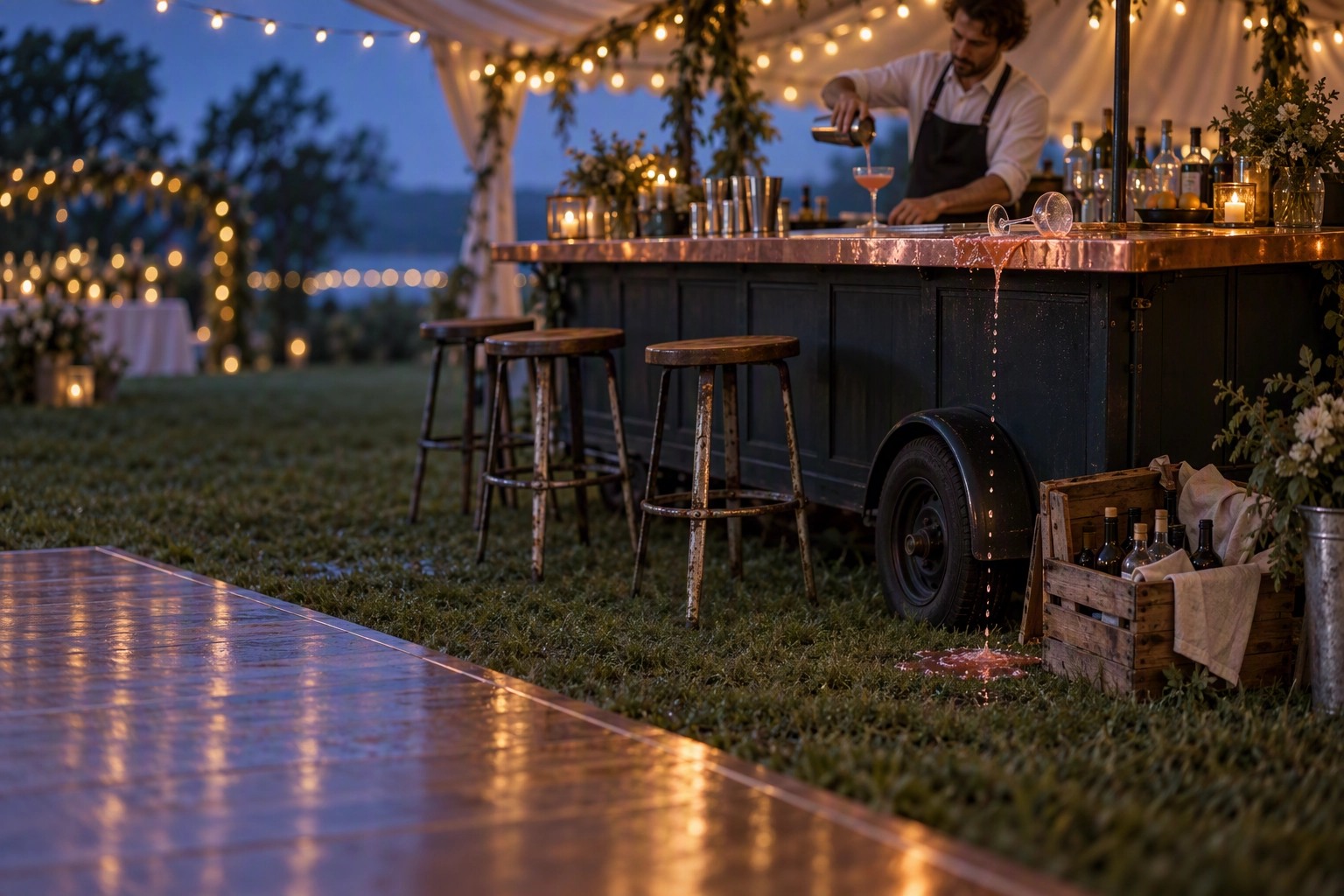 Mobile bar at a garden marquee reception with a spilled cocktail, the alcohol exposure liquor liability insurance answers for