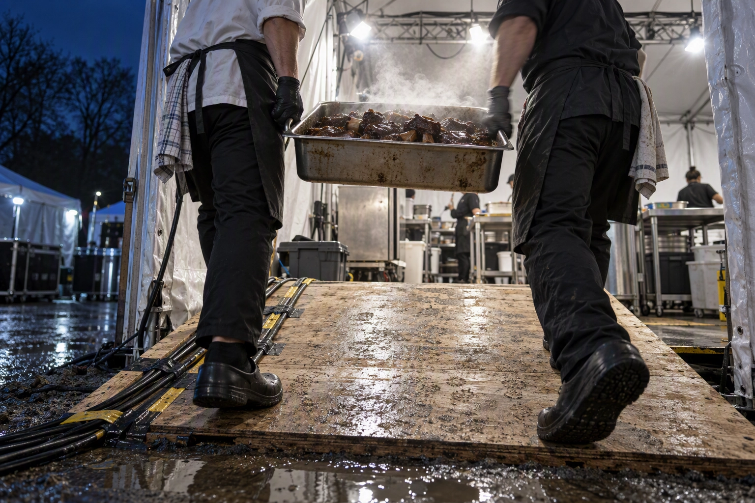 Cooks carrying a steaming hotel pan up a ramp into an event prep tent, the lifting risk workers compensation covers