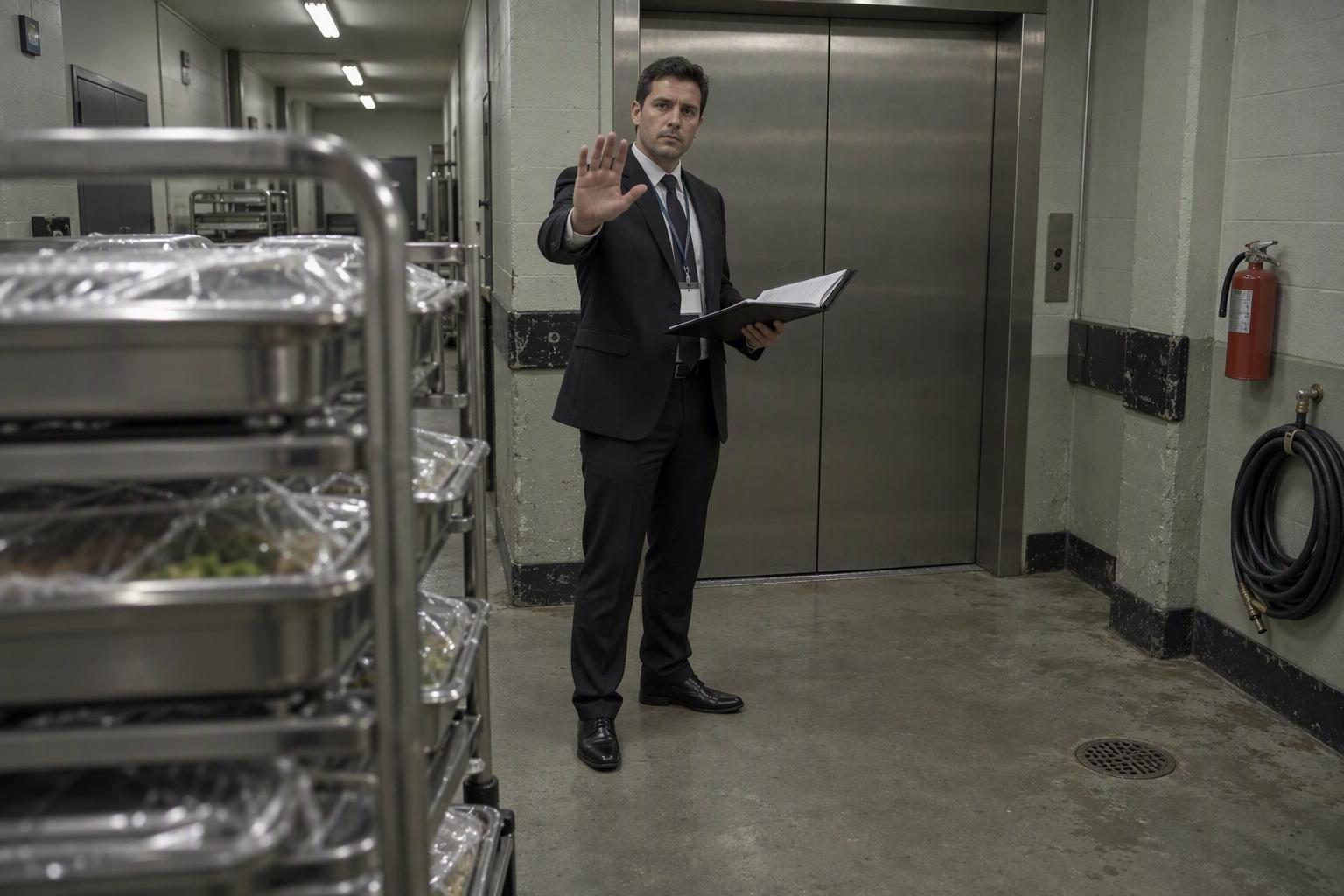 Venue operations manager halting a loaded catering trolley at a freight elevator during a certificate of insurance check
