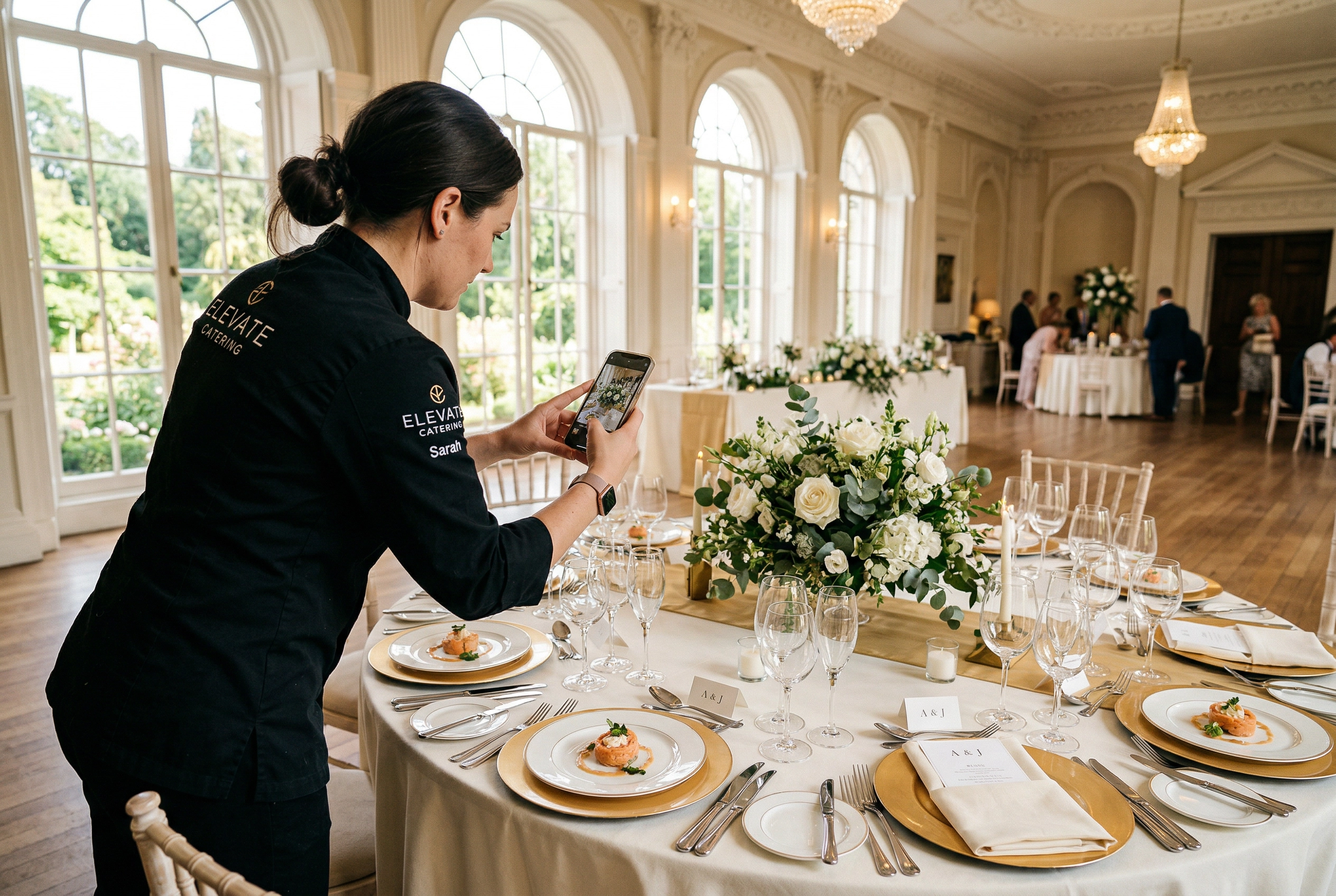 عضو فريق ضيافة يصوّر تنسيق طاولة حفل زفاف بالهاتف الذكي في قاعة أنيقة
