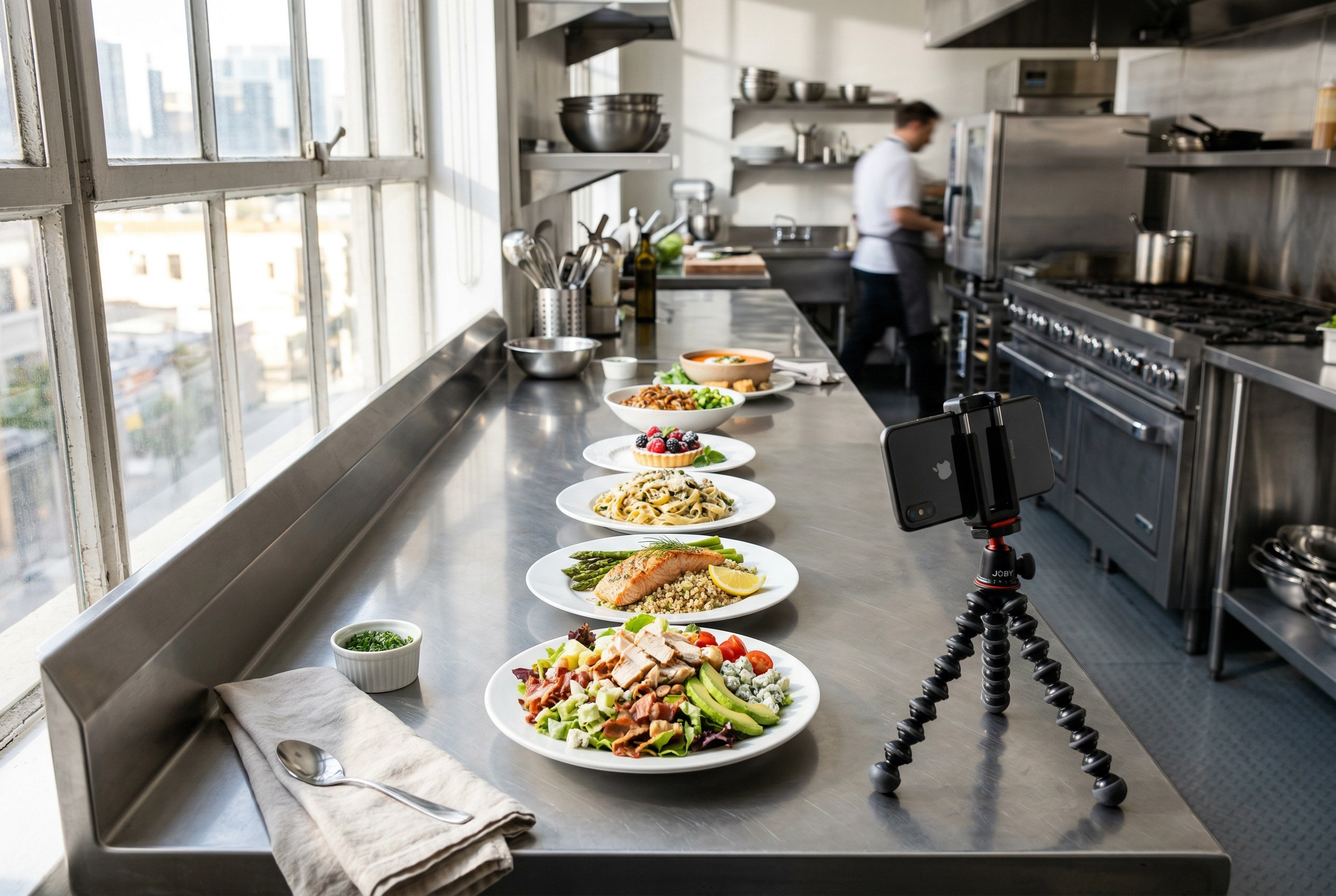 إعداد تصوير طعام ضيافة بالجملة مع ستة أطباق مصفوفة بجانب إضاءة النافذة في مطبخ تجاري