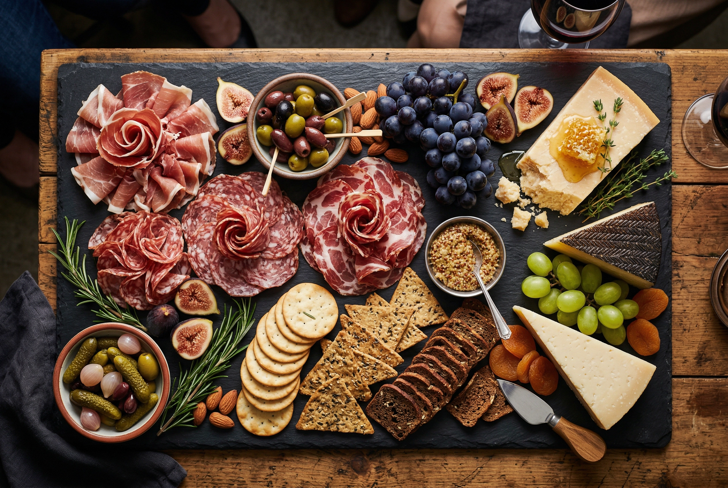 لقطة علوية للوح أجبان ومقاطع ضيافة مع لحوم مقددة وأجبان وفواكه ومقرمشات على سطح أردواز داكن