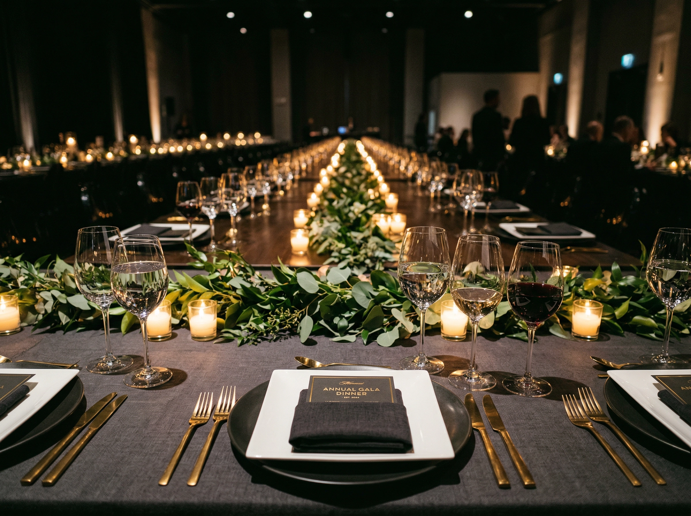 تنسيق طاولة حفل شركات بأدوات مائدة رسمية وشموع ونباتات خضراء لبورتفوليو تصوير الضيافة