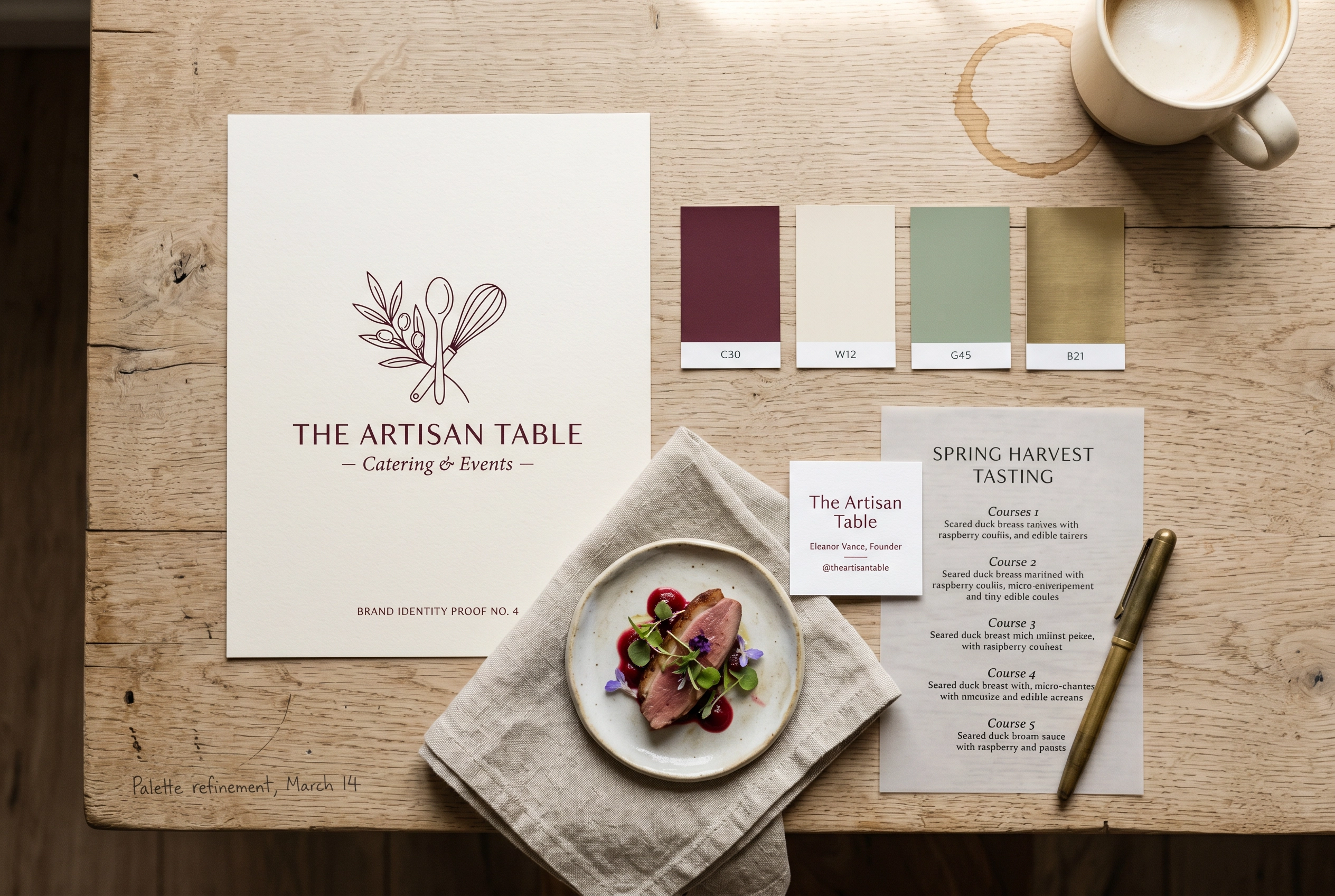 Overhead flat-lay of catering brand identity elements including logo proof, color swatches, and a plated amuse-bouche
