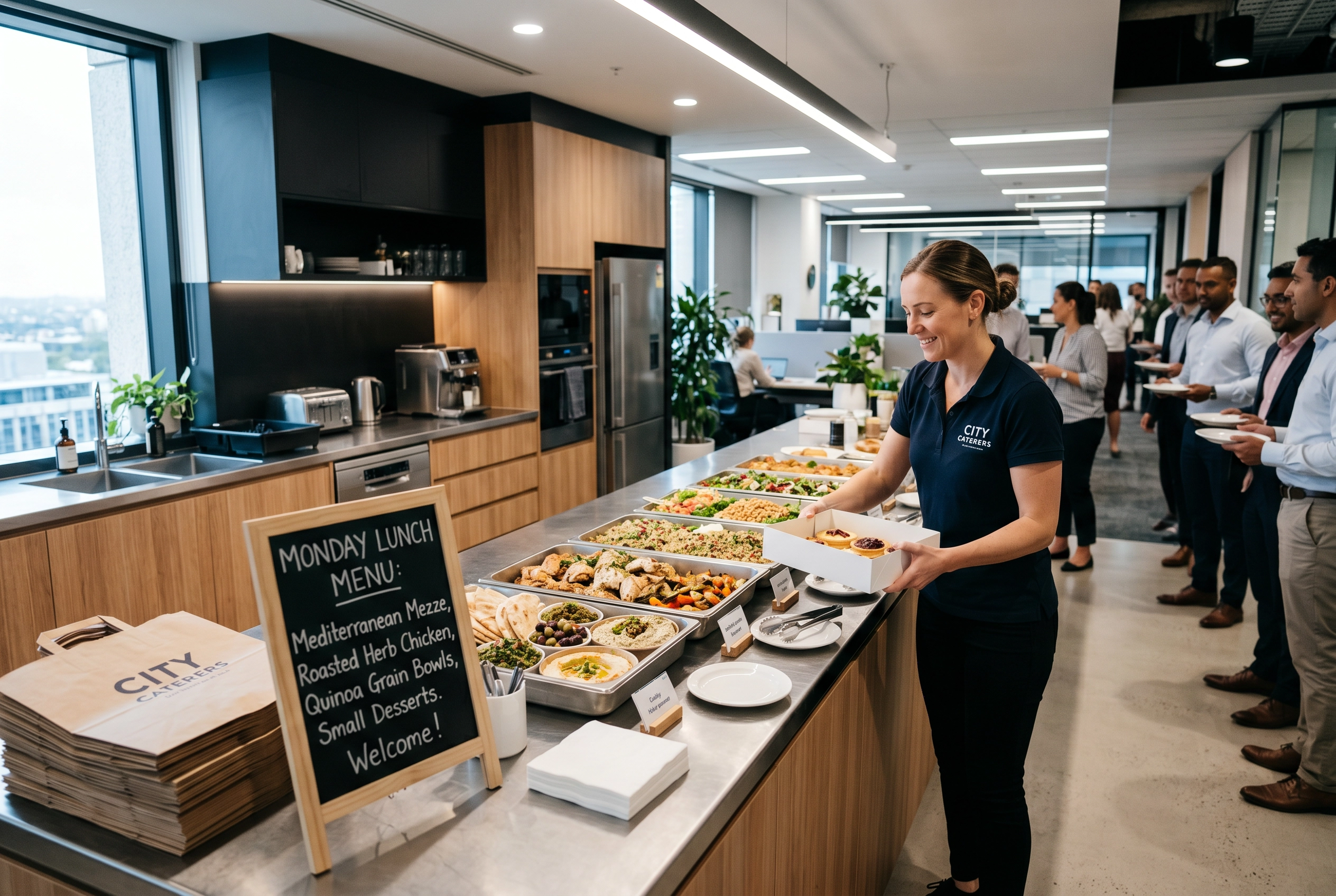 Catering delivery driver setting up Mediterranean lunch spread in a modern corporate office kitchen on a Monday