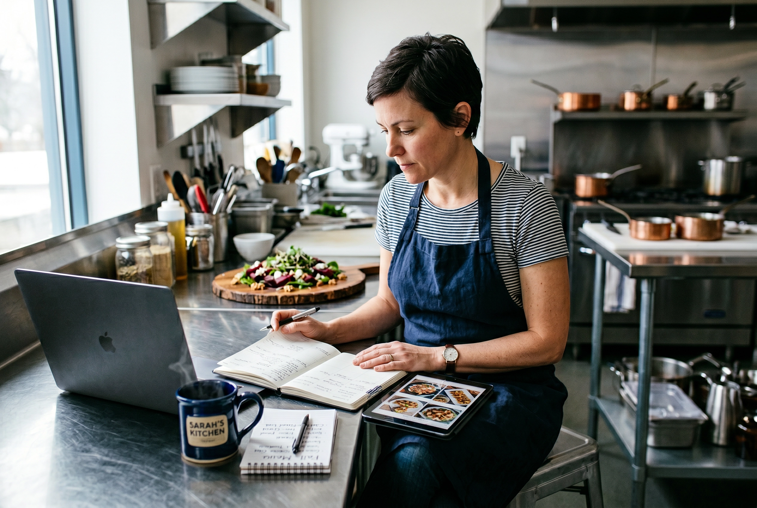 Catering business owner reviewing her website and marketing plan at a commercial kitchen workstation in morning light