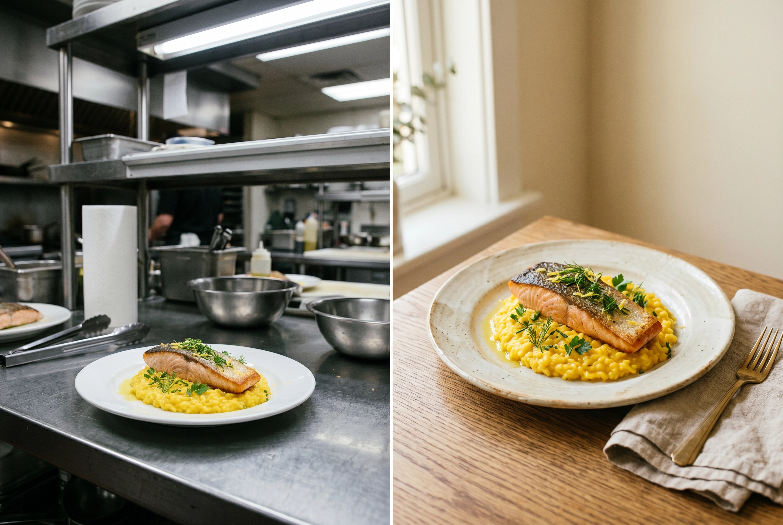 Split-image comparison of the same catering dish photographed under harsh kitchen lighting versus styled editorial lighting