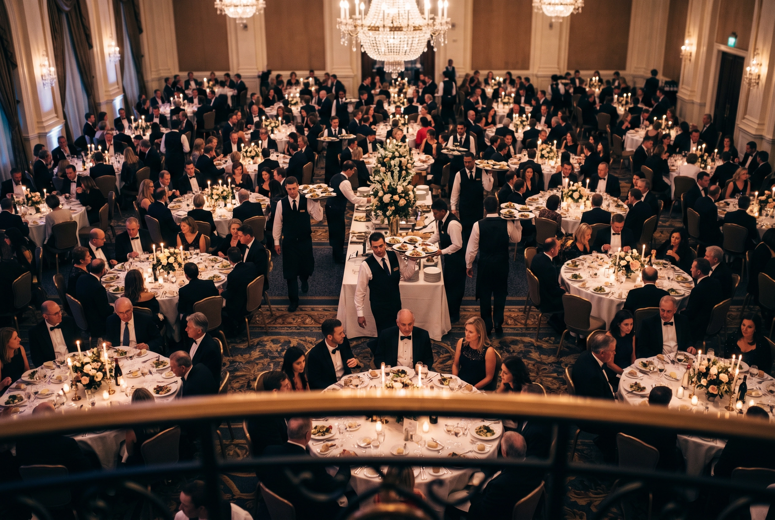 Elevated view of a full corporate gala ballroom with catering servers moving between dozens of plated tables