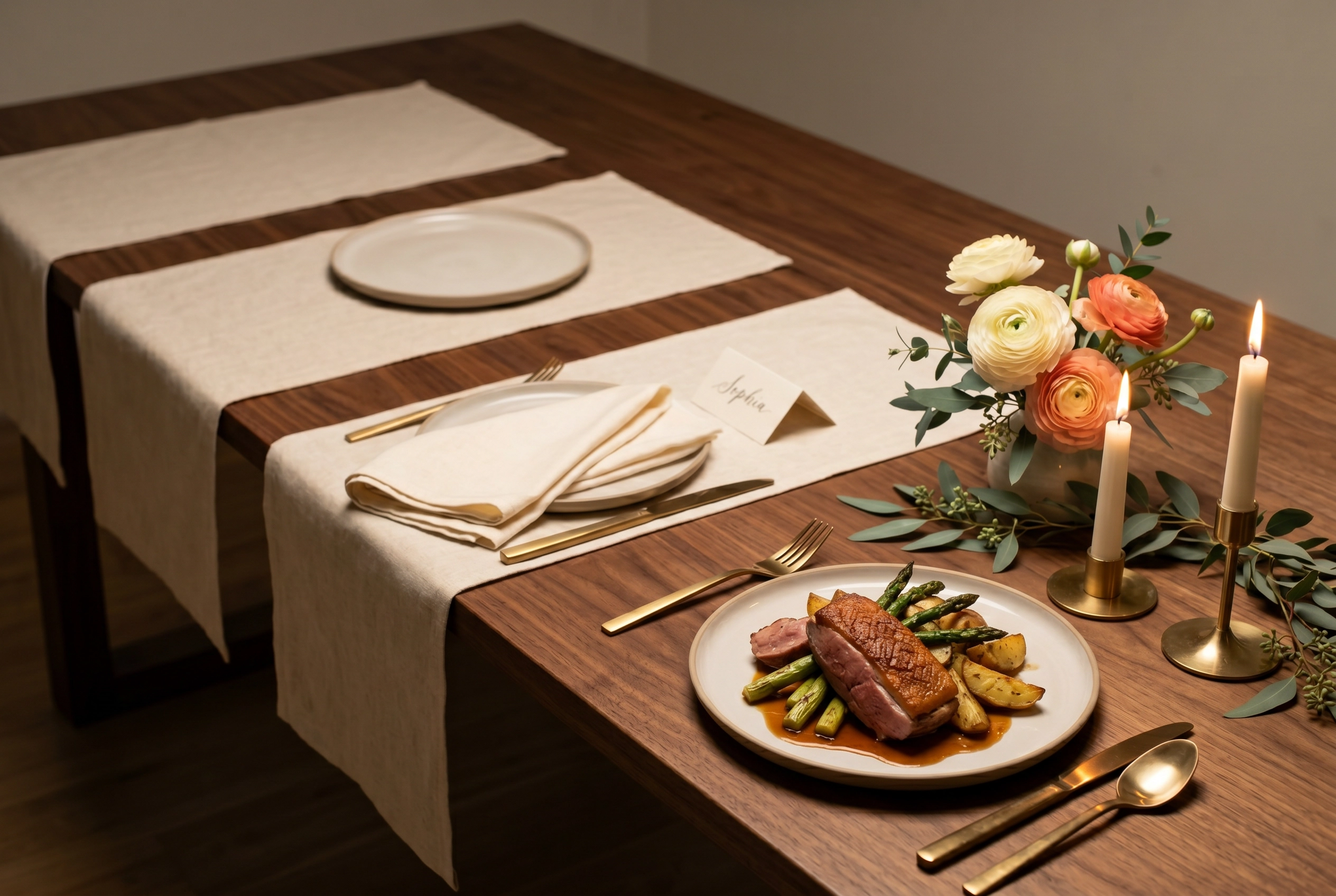 Four progressively styled place settings on a dining table representing the catering marketing funnel stages
