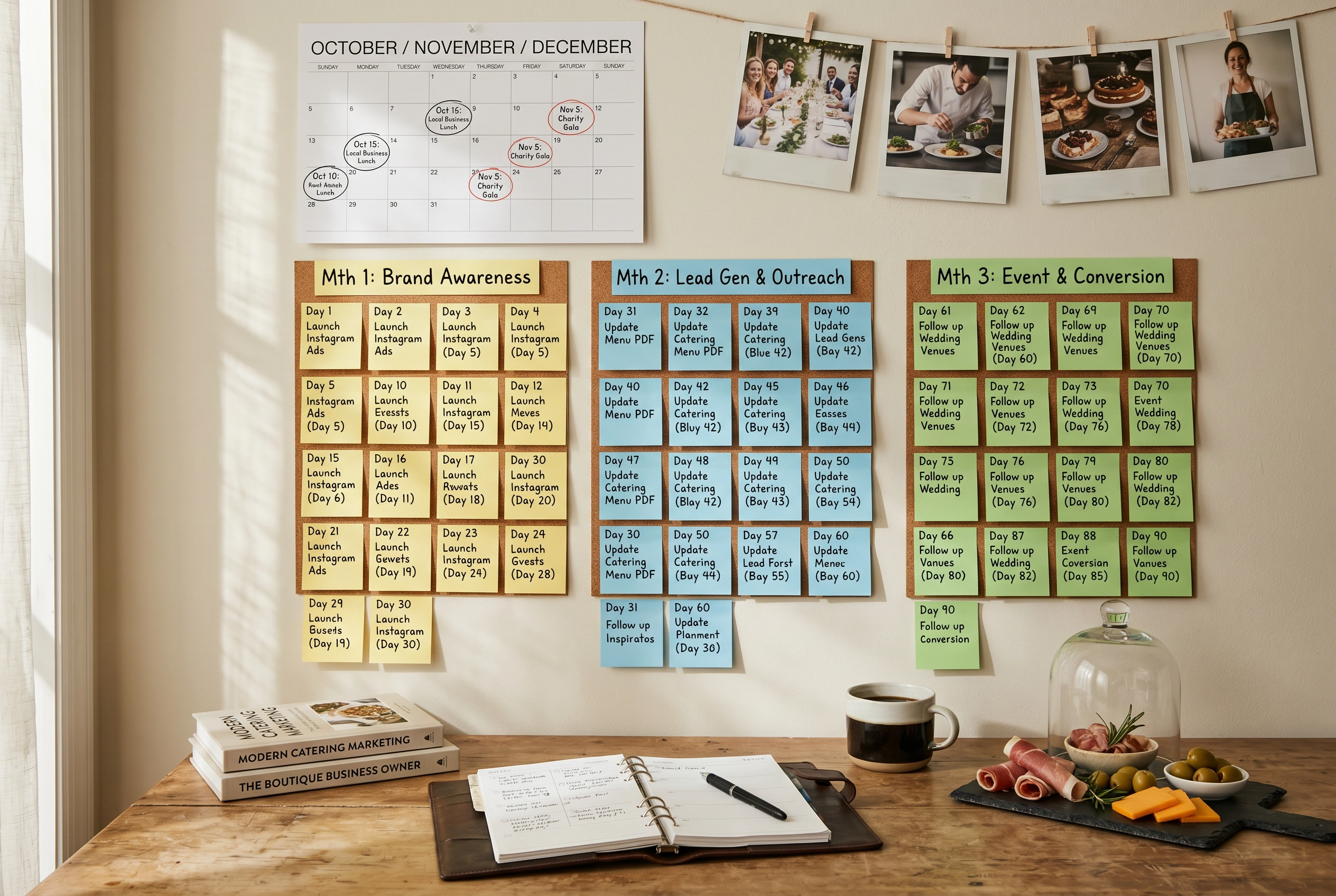 Catering business owner's 90-day marketing plan displayed on a mood wall with color-coded sticky notes and calendar
