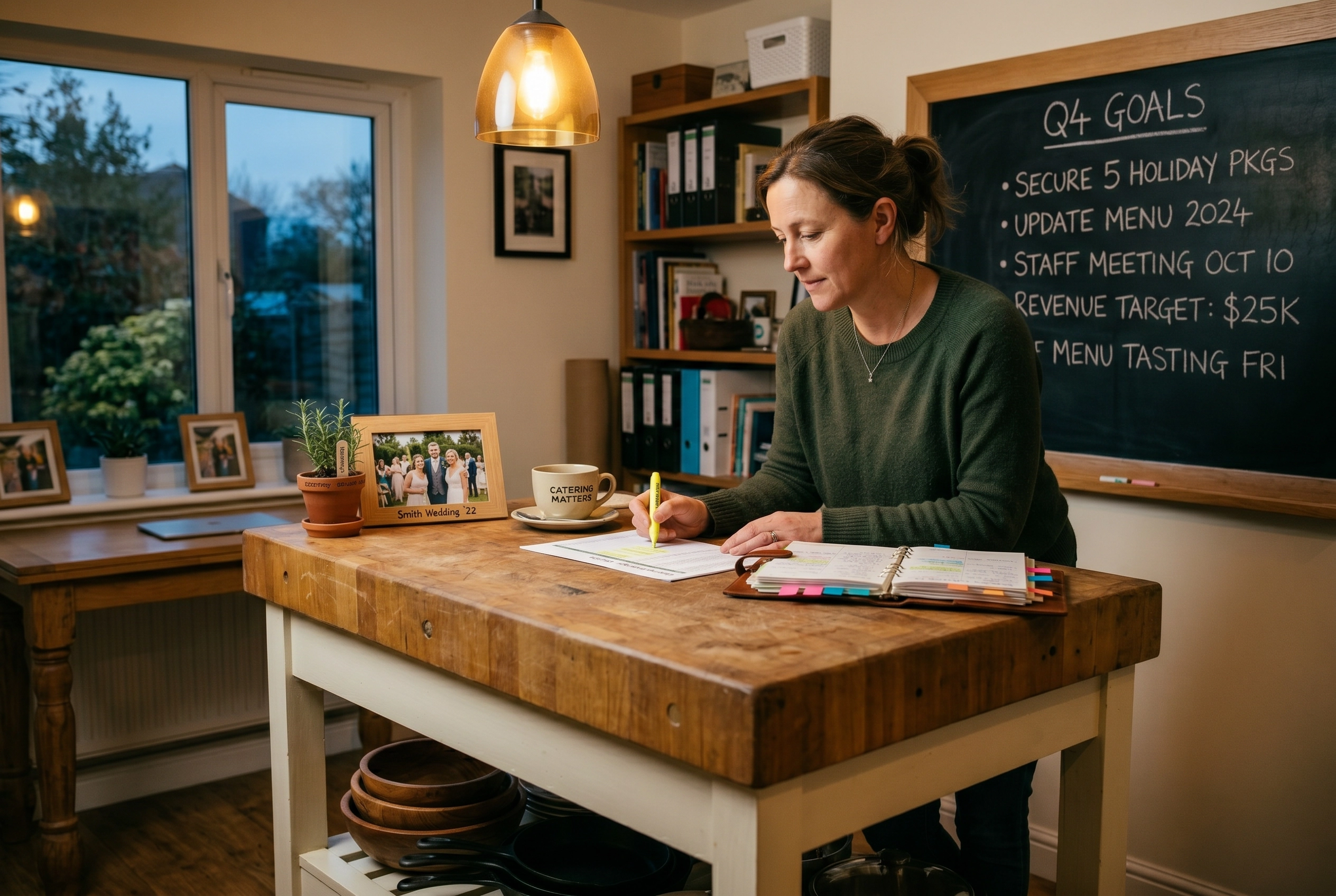 Catering business owner reviewing a printed booking spreadsheet and quarterly goals at her kitchen island at dusk