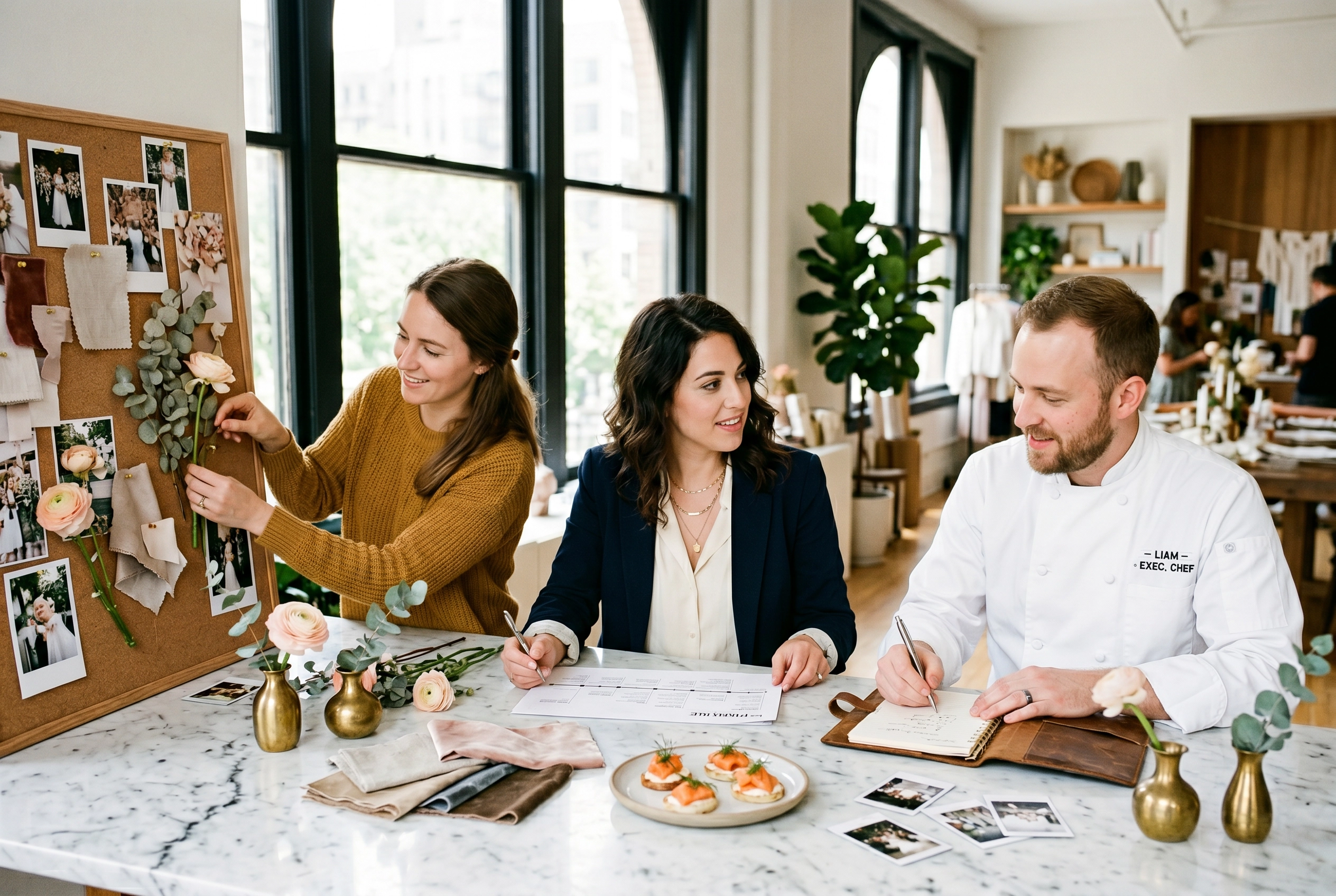 Florist, wedding planner, and catering owner collaborating on an event mood board in a bright studio workspace