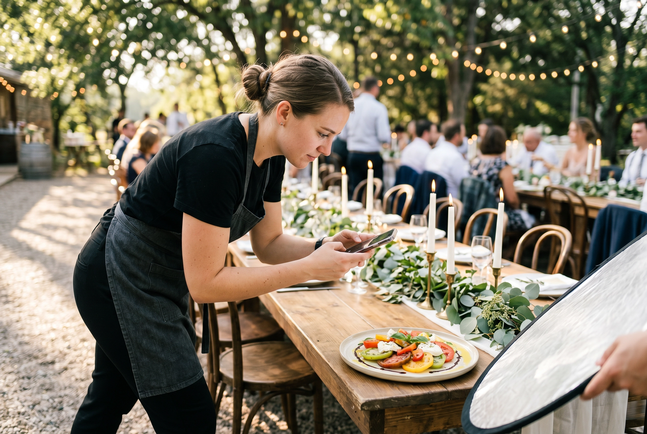 Catering content creator photographing a styled heirloom tomato salad with a phone at an outdoor wedding reception