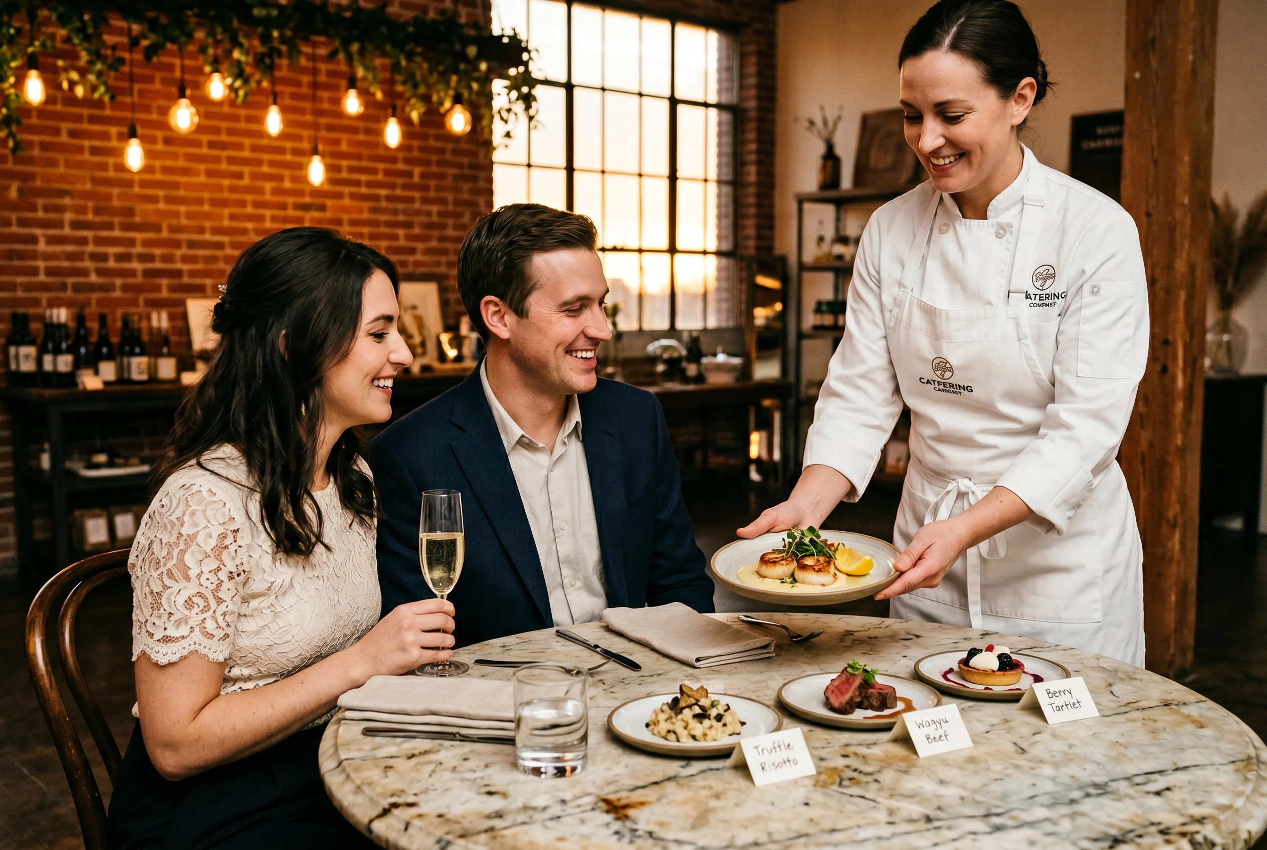 Catering chef presenting a plated tasting course to a wedding couple at a showroom tasting session in warm sunset light