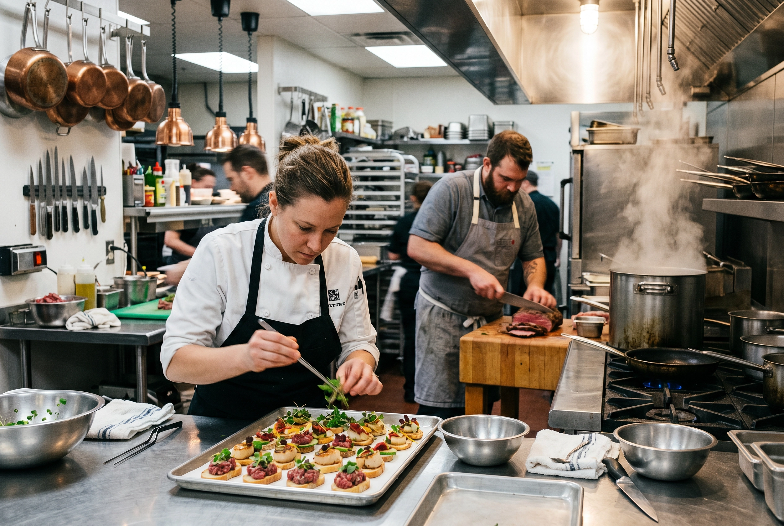 Professional catering kitchen during event prep with head chef plating appetizers and staff working in background