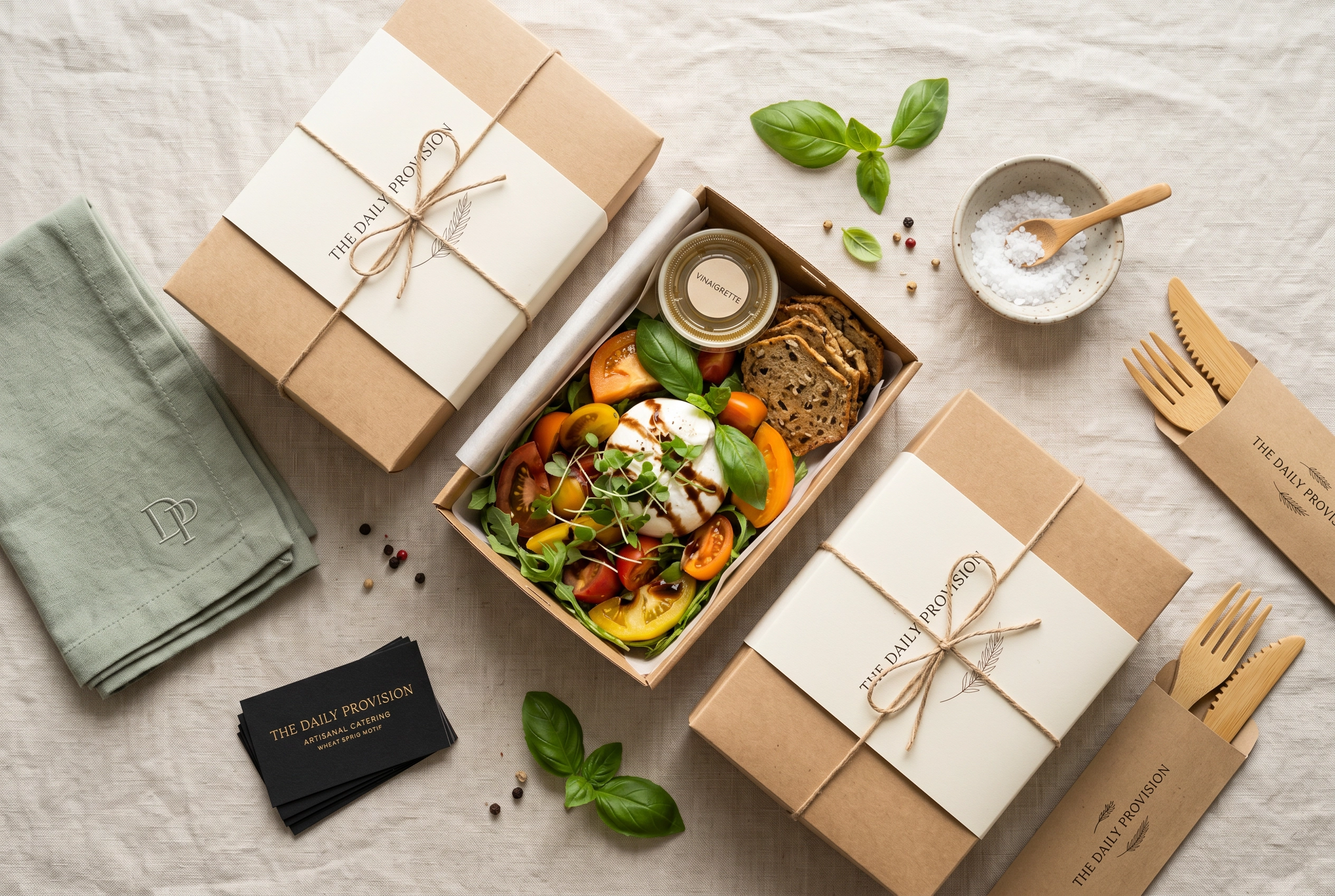 Flat-lay of branded catering boxed lunches with custom sleeves, napkins and business cards on linen tablecloth