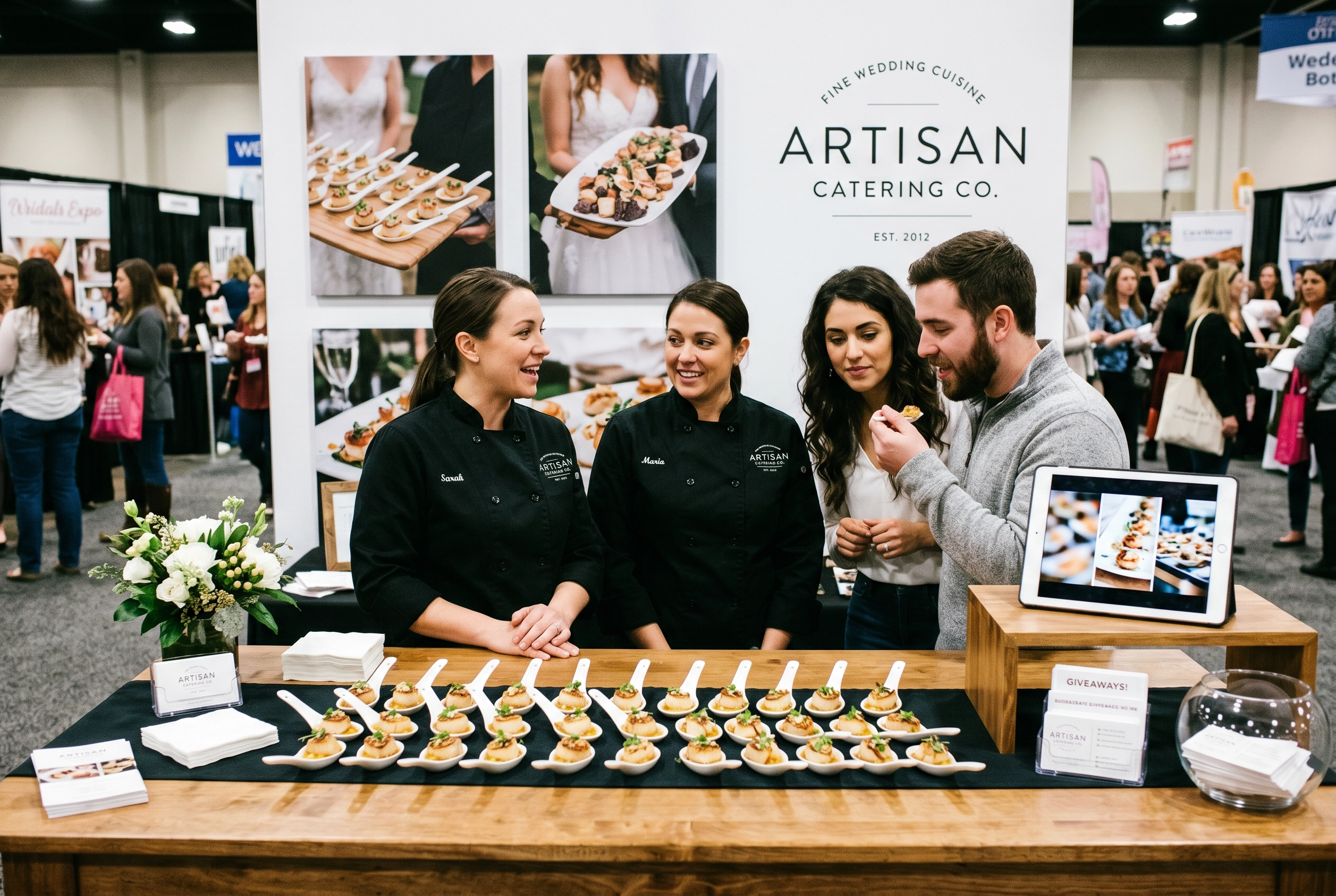 Catering company booth at bridal expo with tasting table and staff talking with engaged couple
