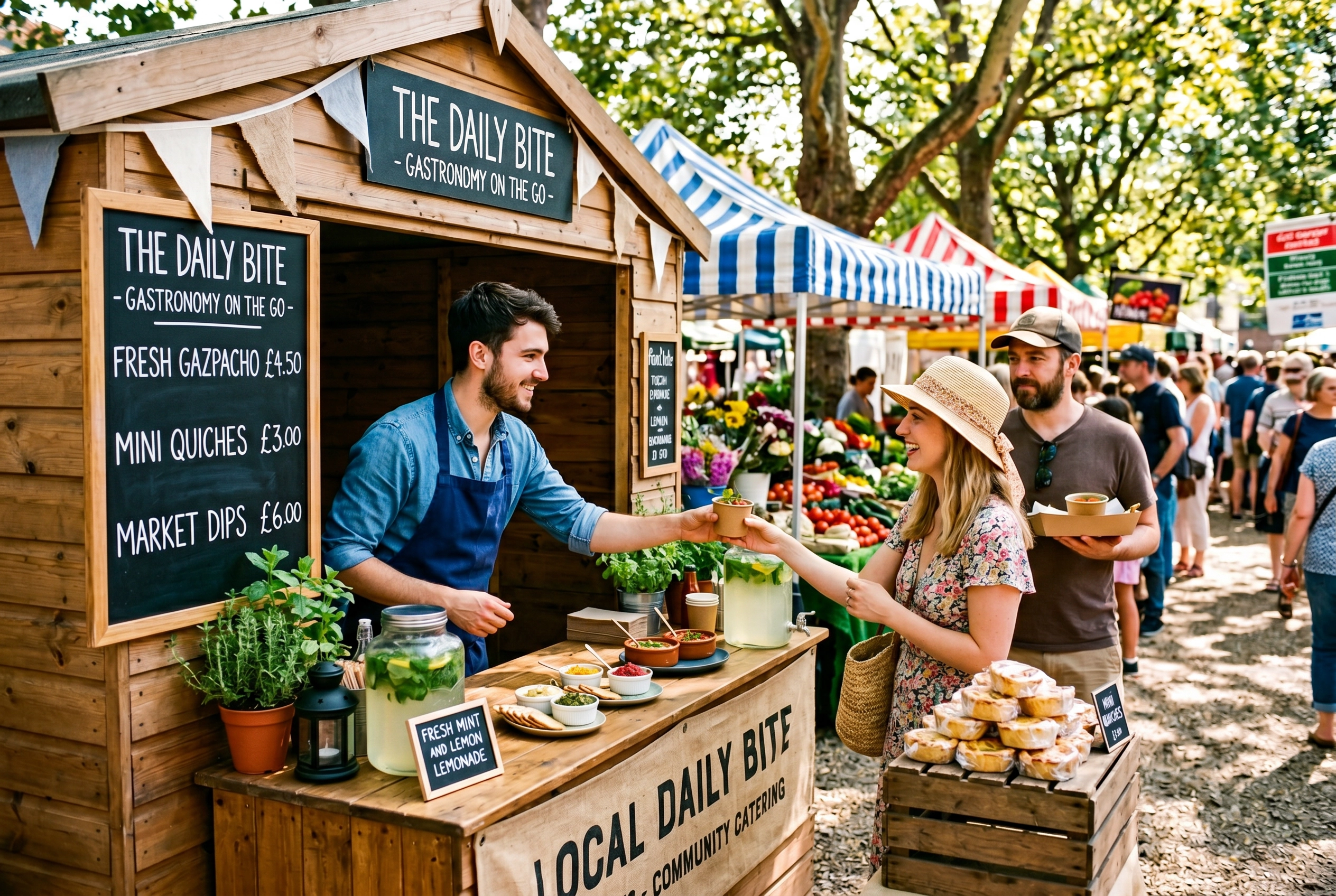 Caterer serving samples at outdoor farmers market pop-up stall with customers sampling food