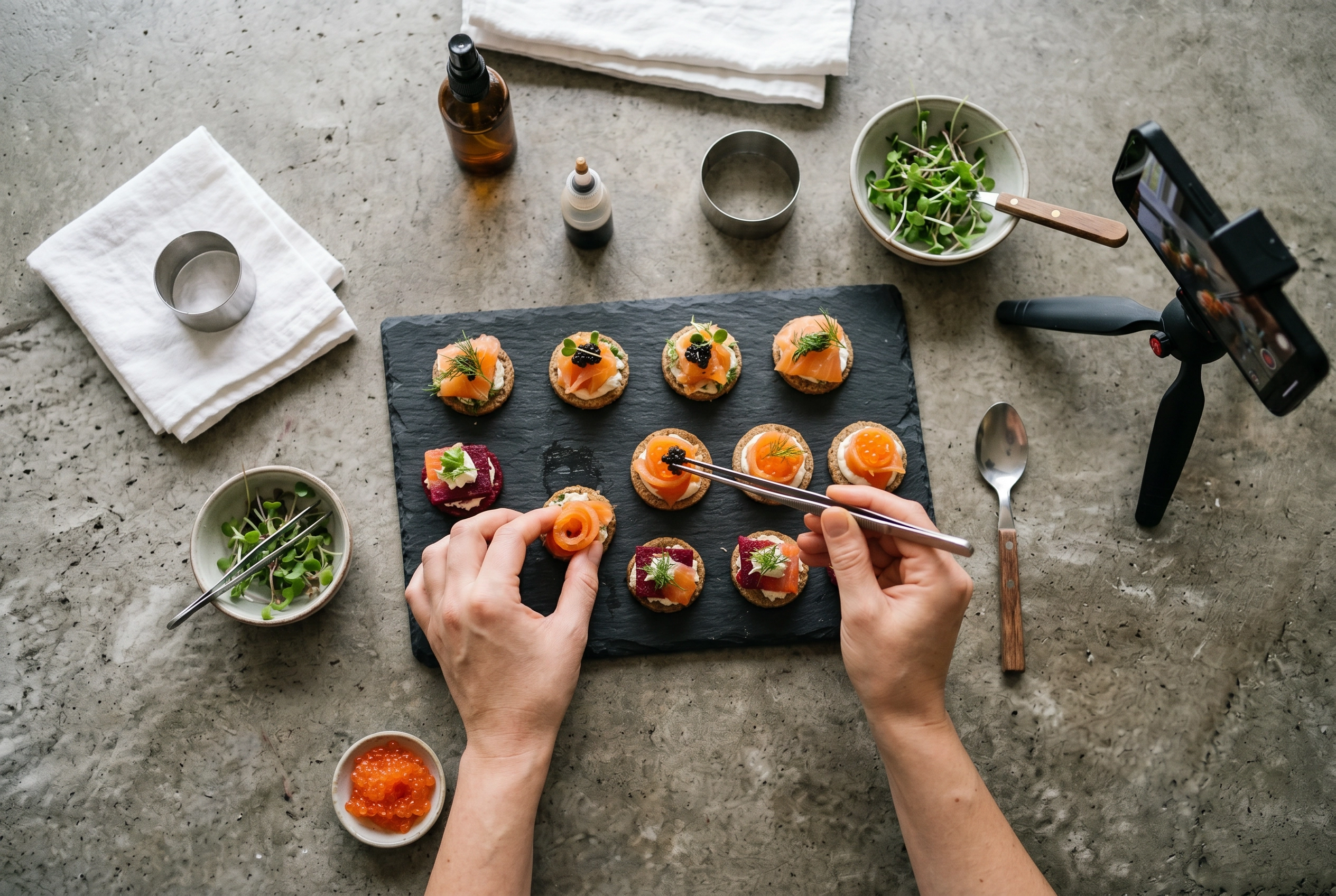 Overhead view of chef plating canapés on slate board while smartphone on tripod films social media reel content