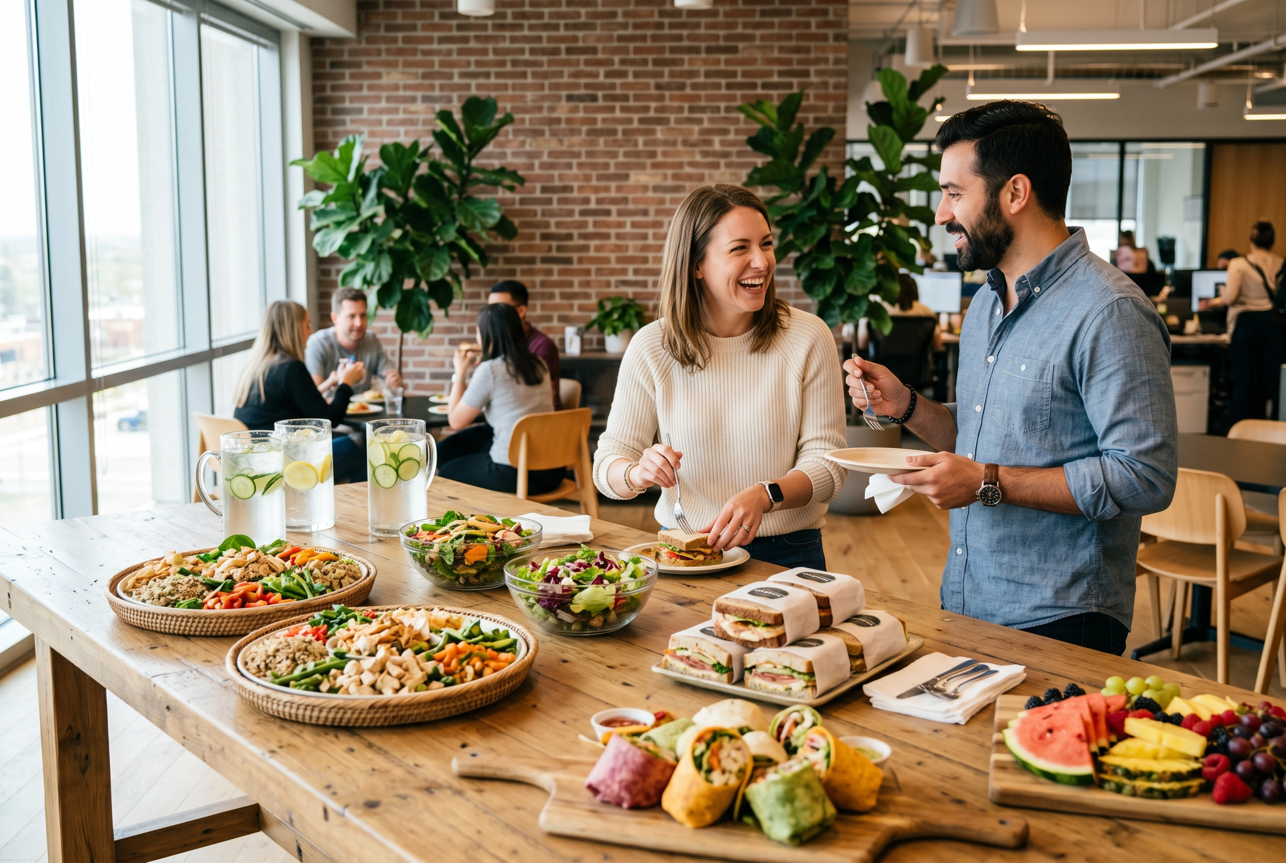 Catered corporate lunch spread on a long wooden table in a modern tech office with two employees chatting