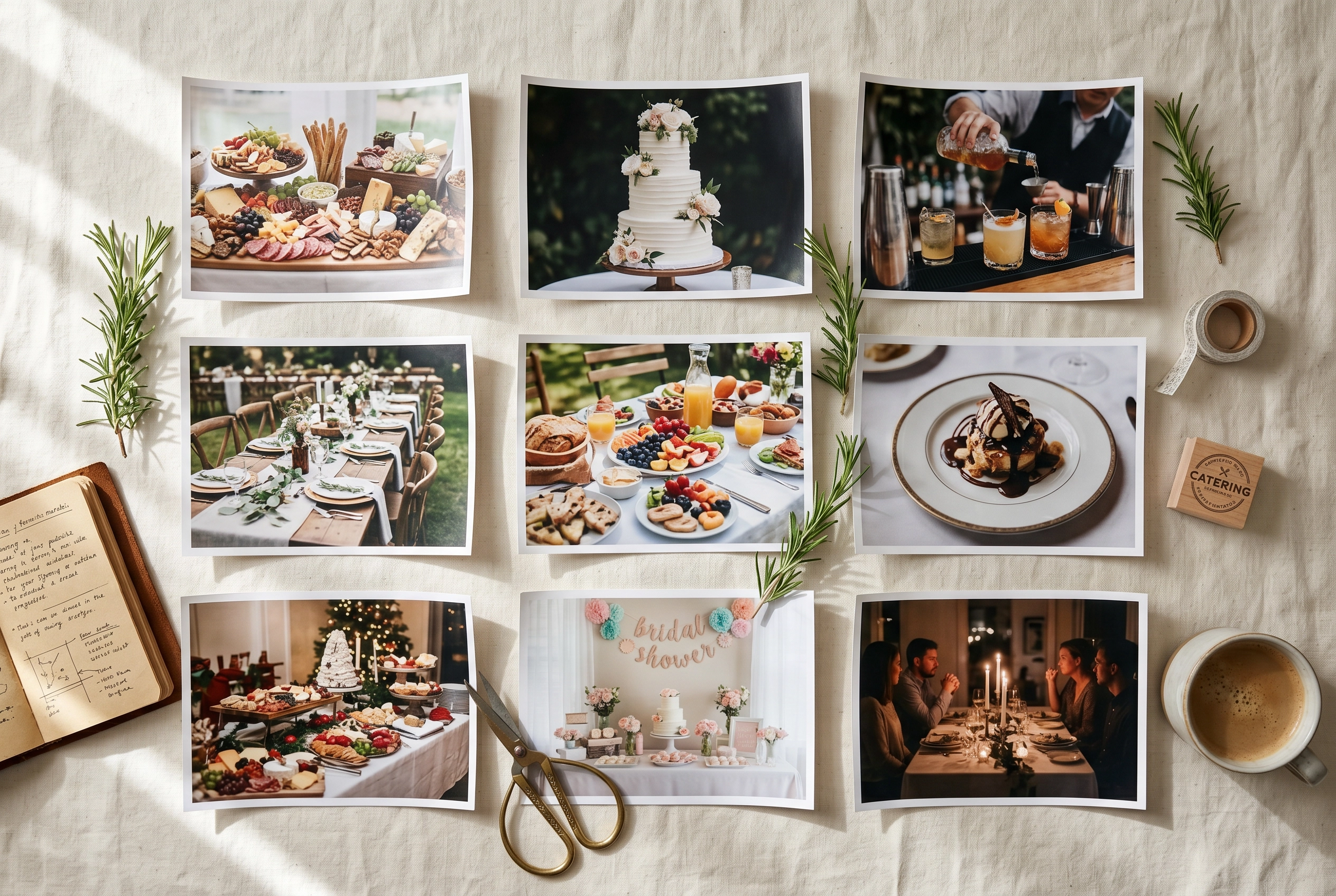 Overhead styled moodboard of printed catering event photos and planning tools arranged on linen