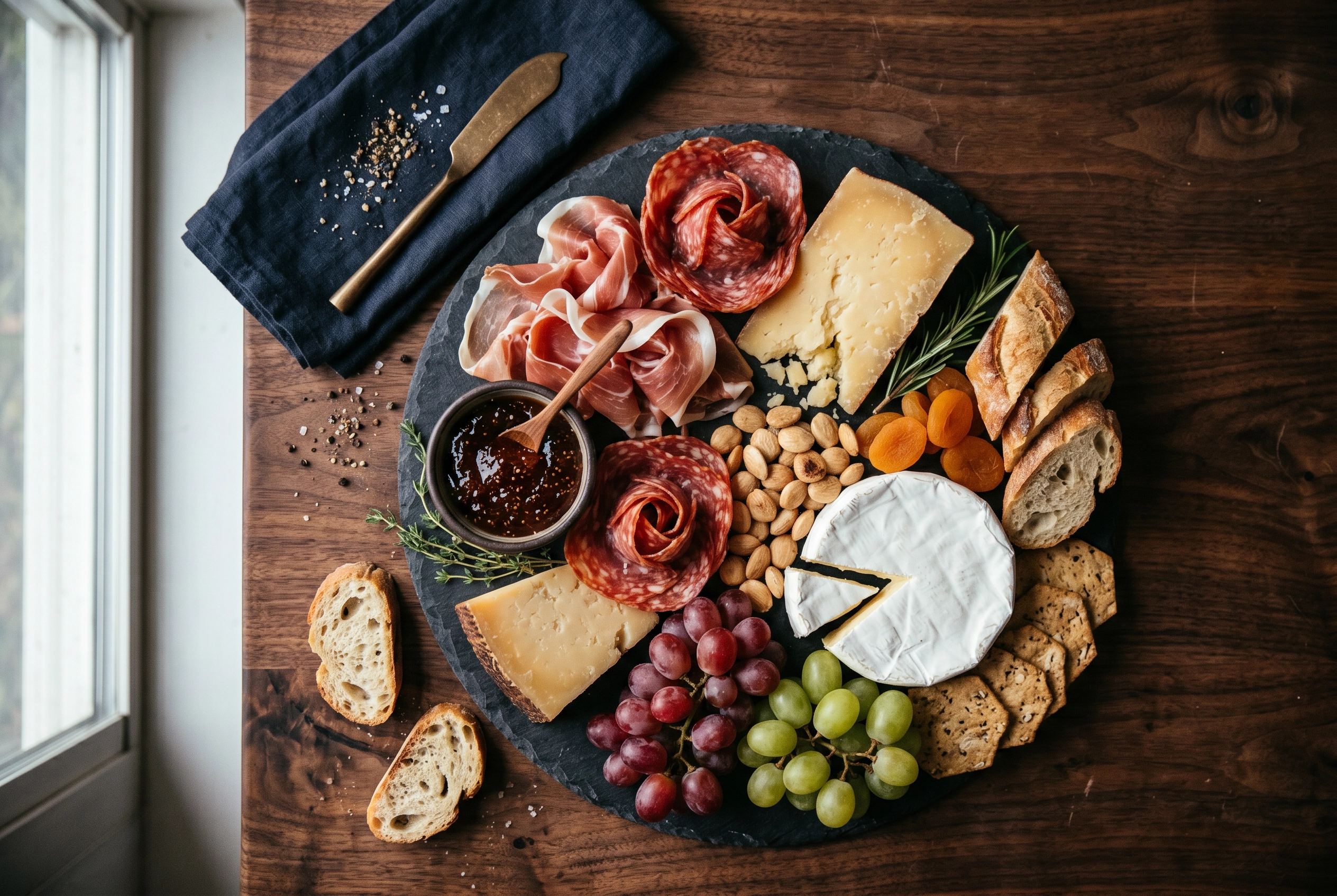 Editorial overhead shot of a professional catering charcuterie board on dark walnut with dramatic moody lighting