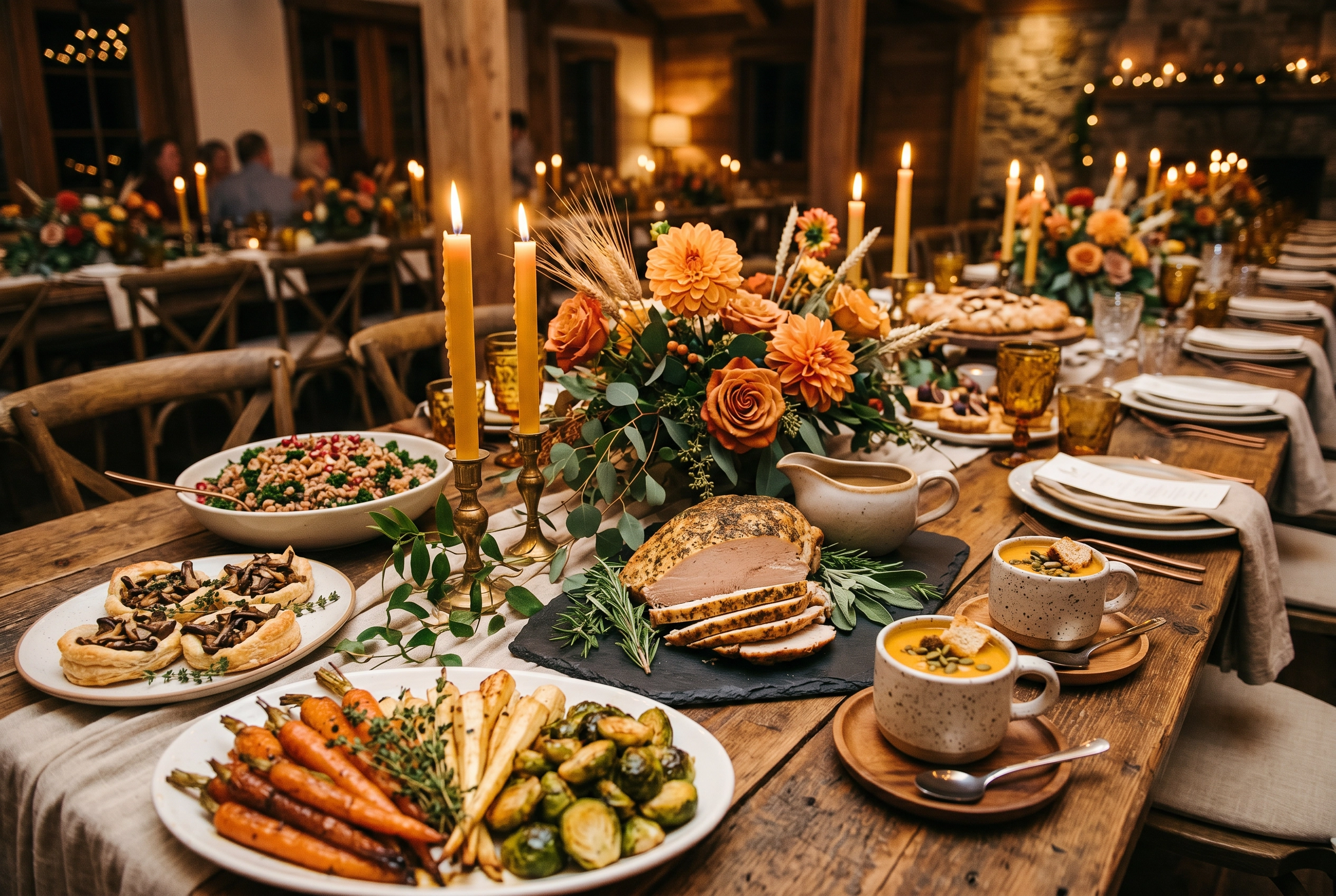 Rustic fall harvest catering tablescape with roasted vegetables, turkey, and autumn florals in warm evening light