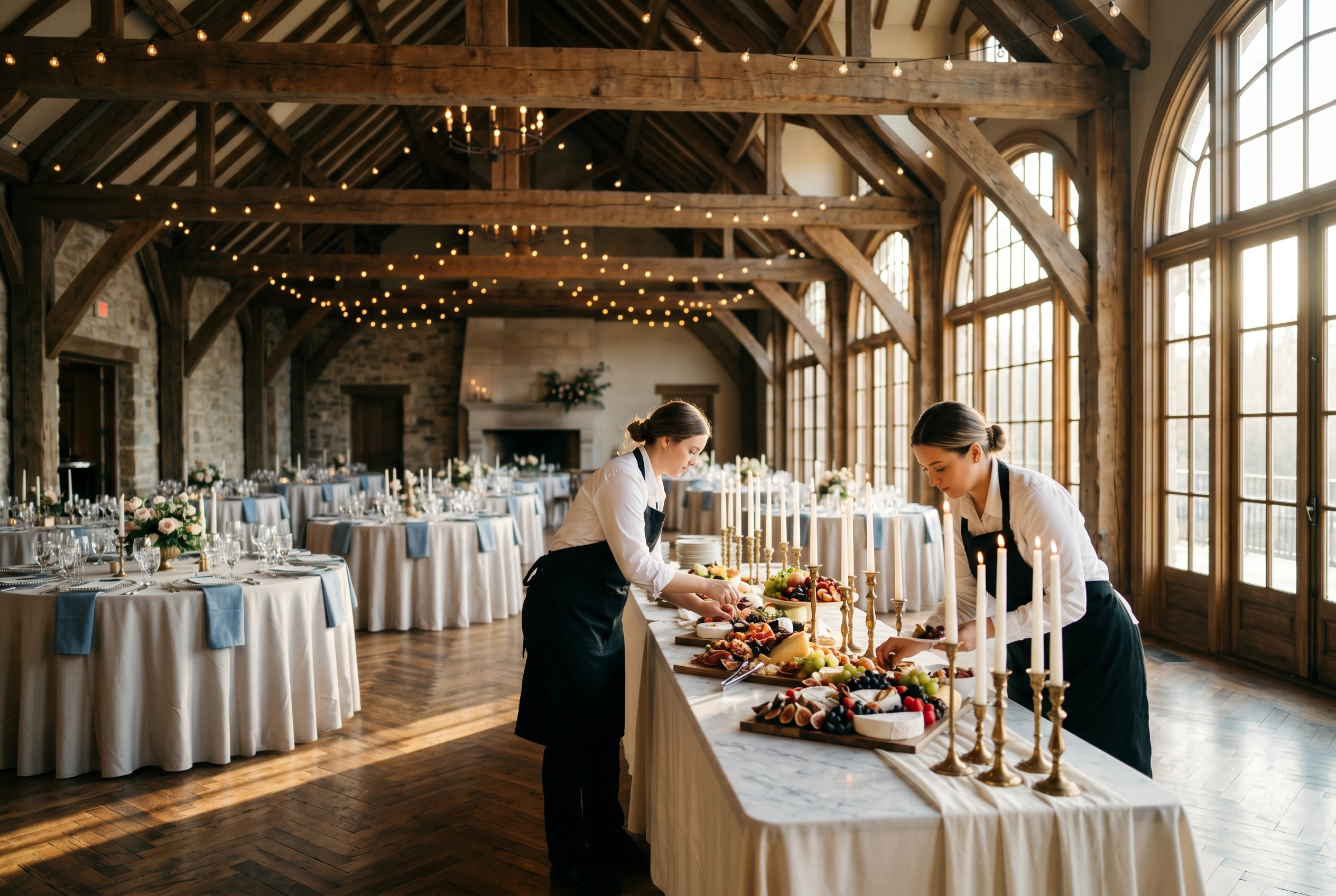 Elegant wedding venue during catering setup with staff arranging buffet platters before guests arrive