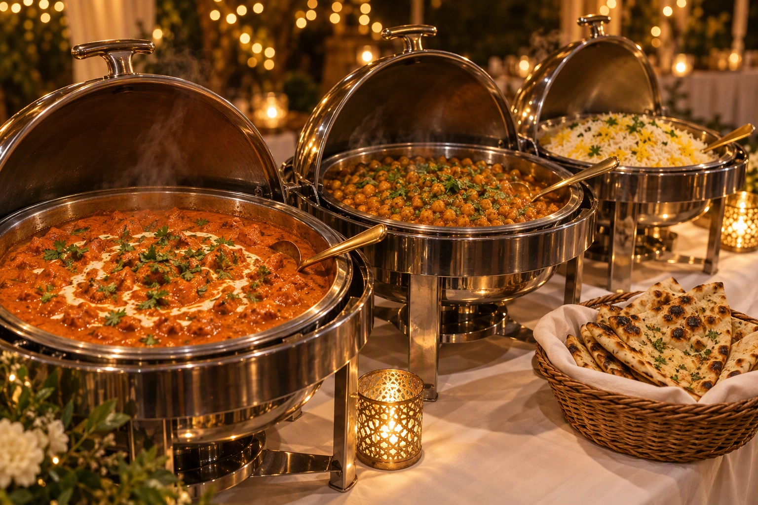 Butter chicken, chana masala and basmati held hot in open chafing dishes, a buffet catering idea that holds well