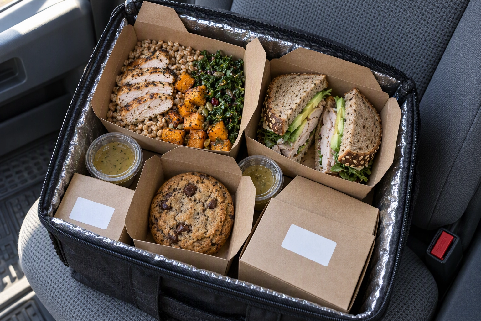 Drop-off catering boxes packed in an insulated bag: grain bowl, sandwich, cookie and dressing cups kept on the side
