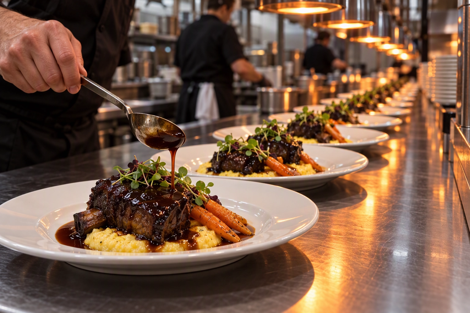 Row of plated braised short rib on polenta at a kitchen pass, plated wedding catering fired all at once