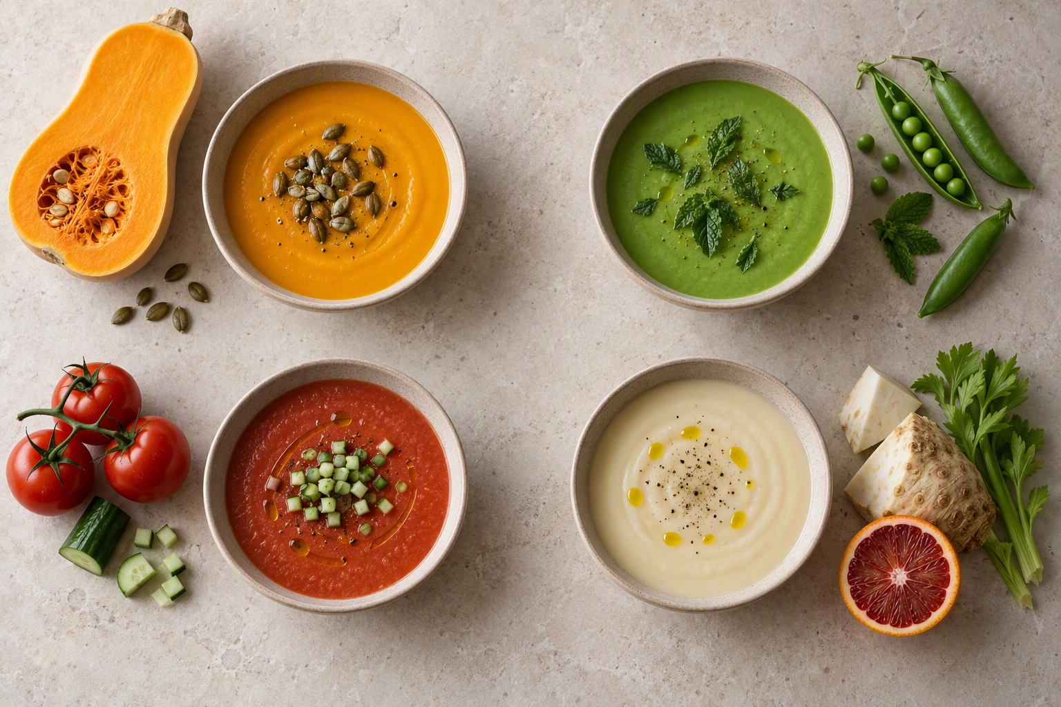 Four seasonal soup courses in matching bowls: squash, pea, gazpacho and celery root for catering menu swaps
