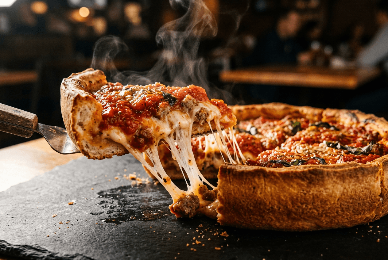 Close-up of Chicago deep-dish pizza with stretching melted cheese showing rich textures AI food photography captures beautifully