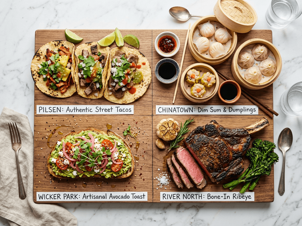 Overhead view of diverse Chicago neighborhood cuisine including Pilsen tacos, Chinatown dim sum, River North steak, and Wicker Park brunch
