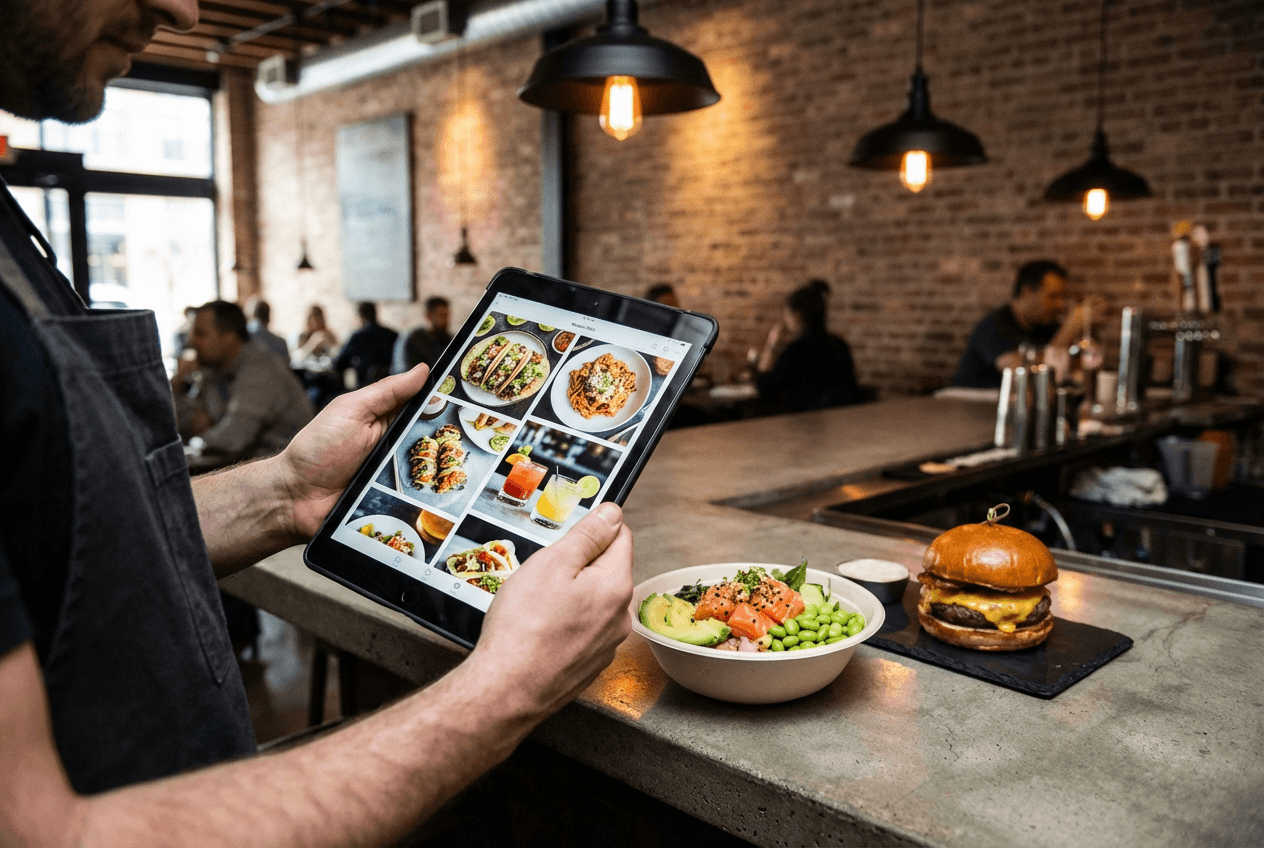 Restaurant owner reviewing professional food photos on tablet at a Chicago West Loop restaurant bar counter