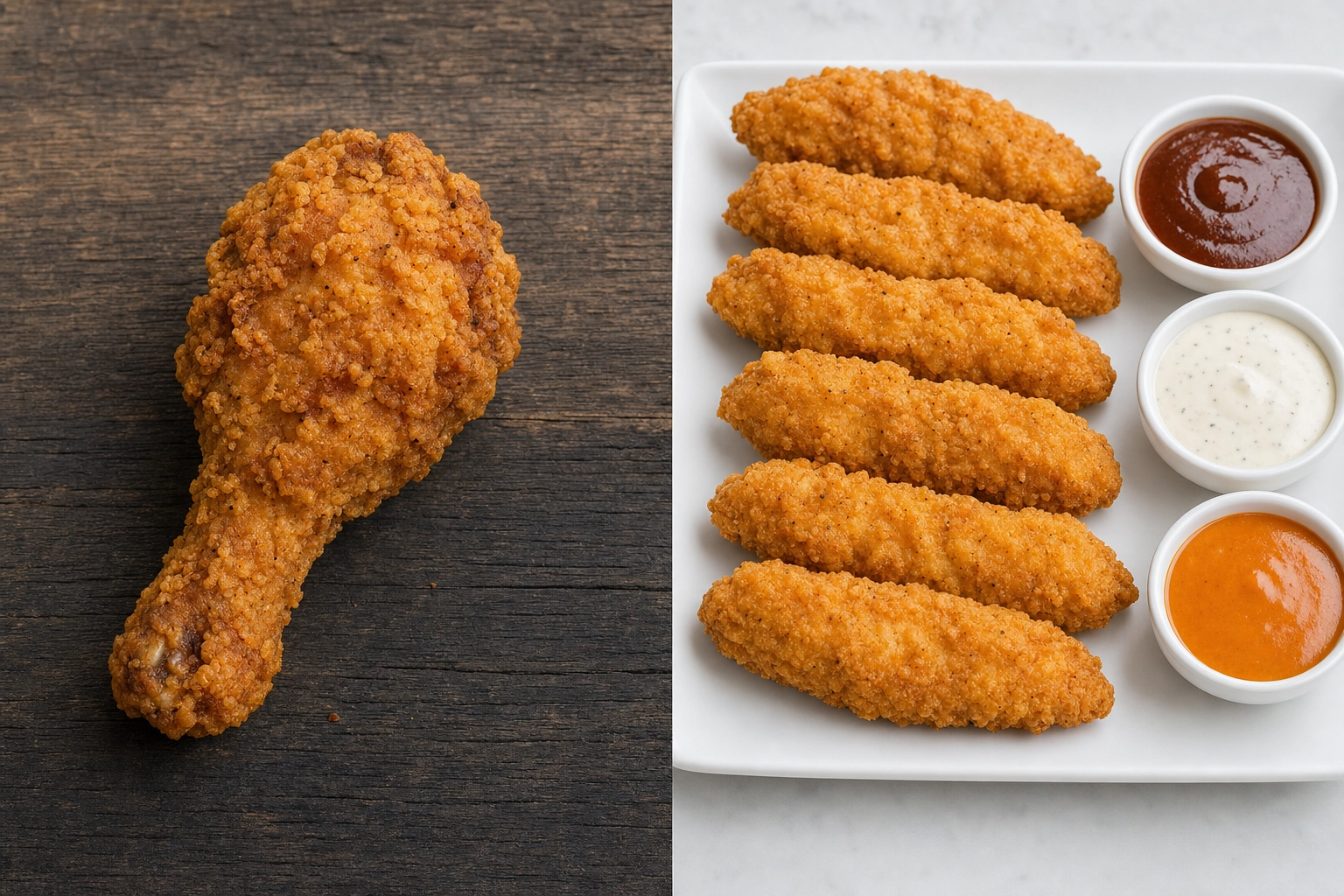Bone-in fried chicken drumstick beside a neat row of boneless golden tenders with dipping sauces — menu presentation comparison