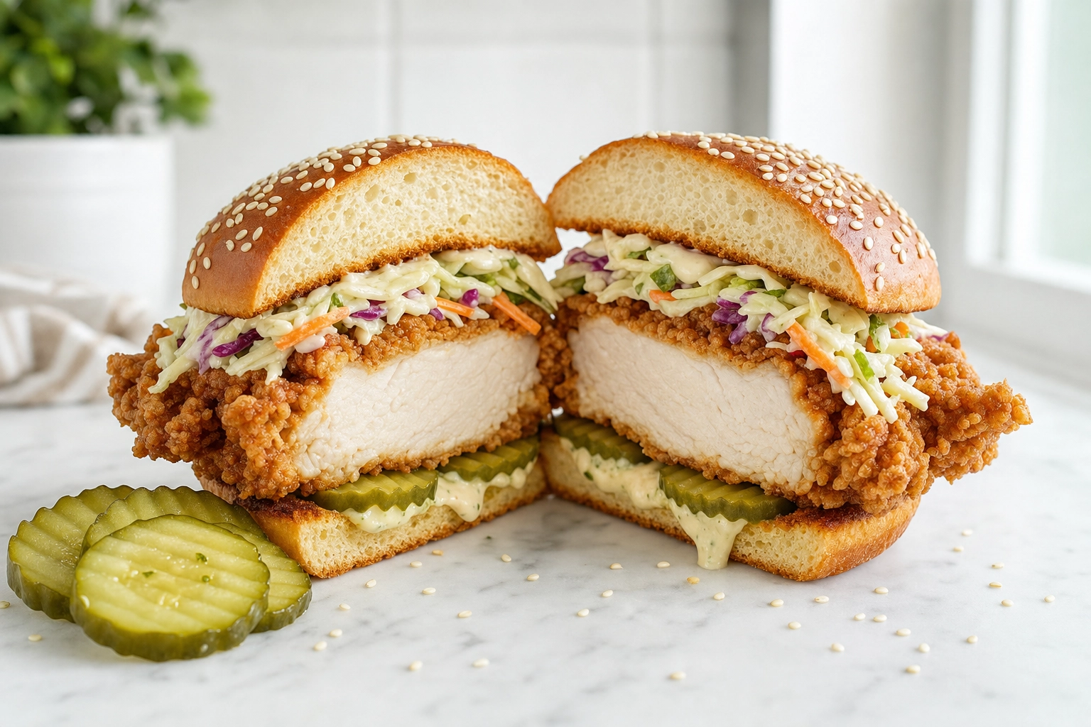 Crispy fried chicken sandwich cut in half showing a thick craggy cutlet, pickles and slaw cross-section on white marble