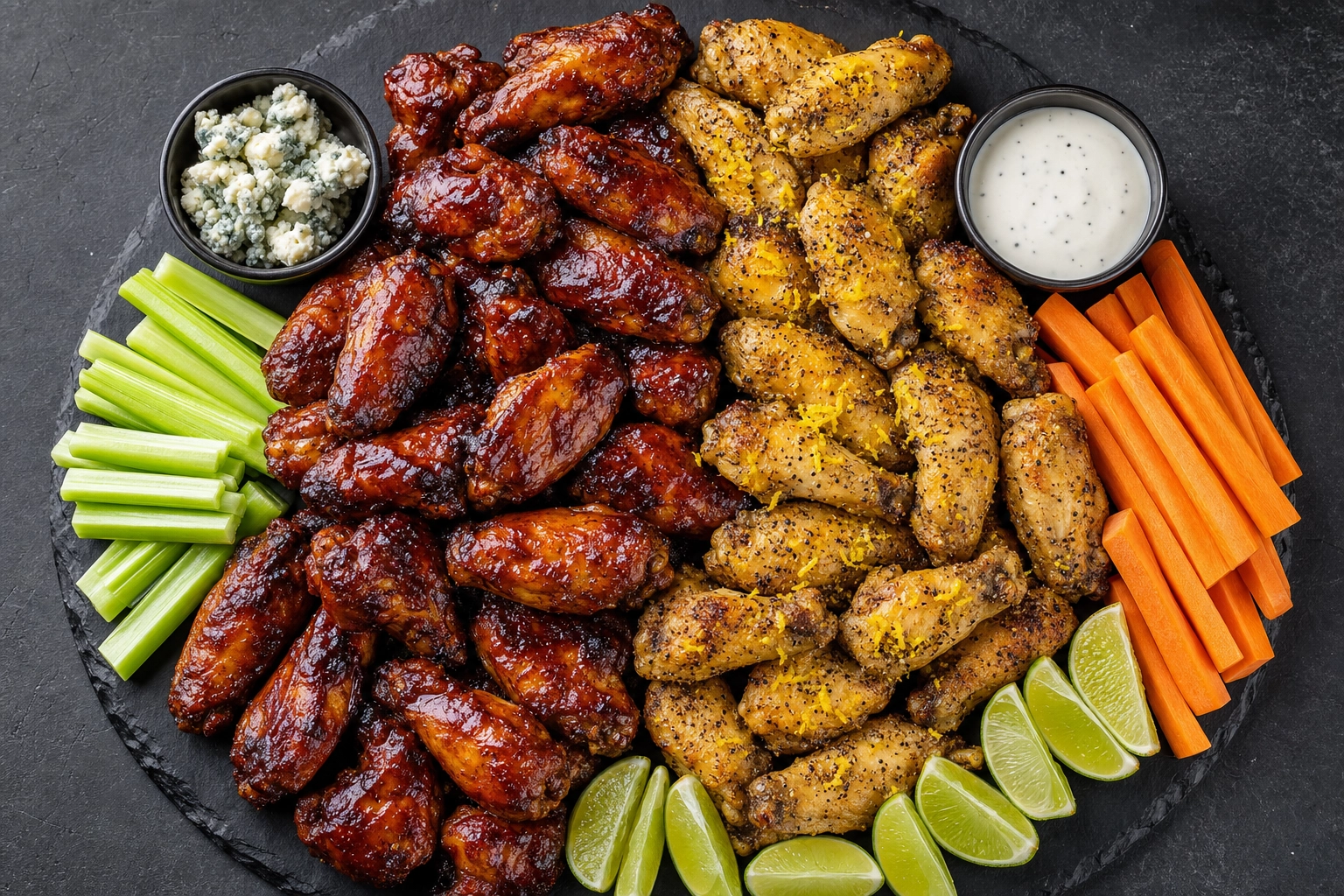 Overhead platter of glossy BBQ and matte lemon-pepper chicken wings with blue cheese, celery and lime on a slate board