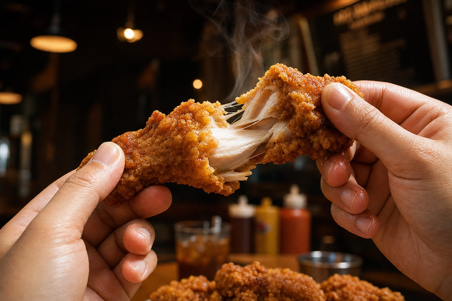 Two hands tearing into a crispy golden fried chicken drumstick with steam and juicy meat at the break — eating action shot