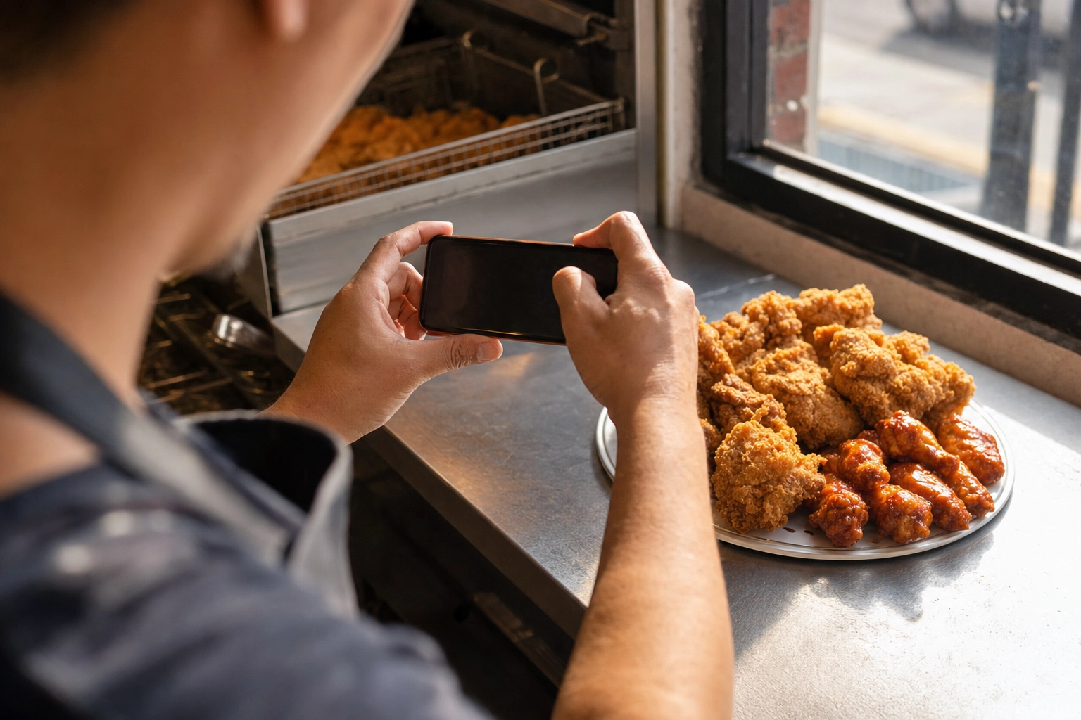 Chicken-shop owner using a phone to photograph a plate of golden fried chicken and wings by a sunlit counter