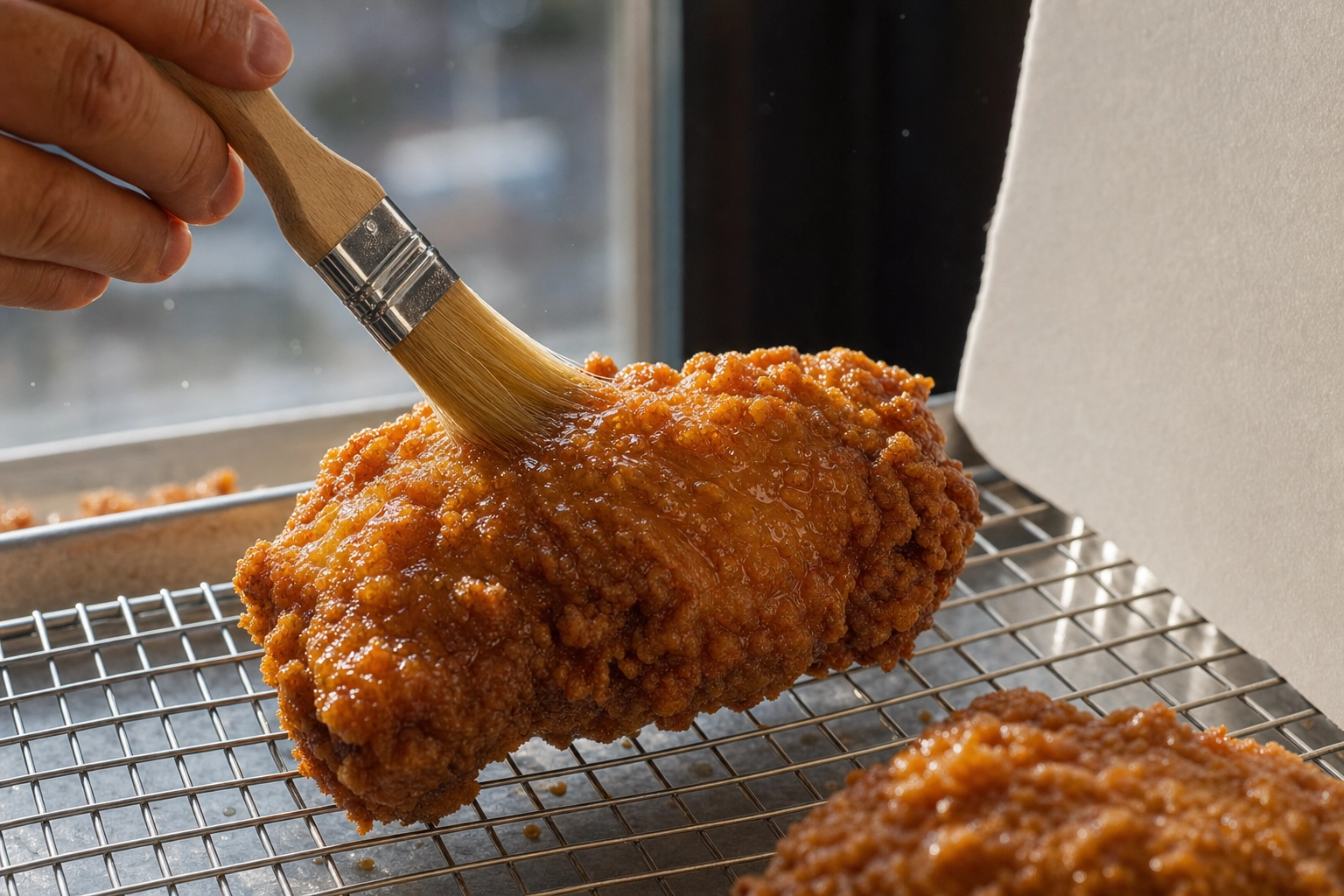 Hand brushing oil onto crispy fried chicken on a wire rack with raking side light and white reflector to reveal texture